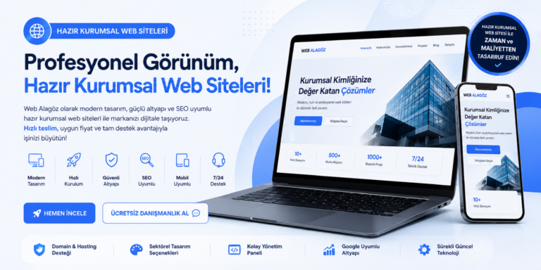Hazır kurumsal web sitesi çözümleri için hazırlanmış modern banner görseli, responsive kurumsal site tasarımı ve profesyonel web altyapısı