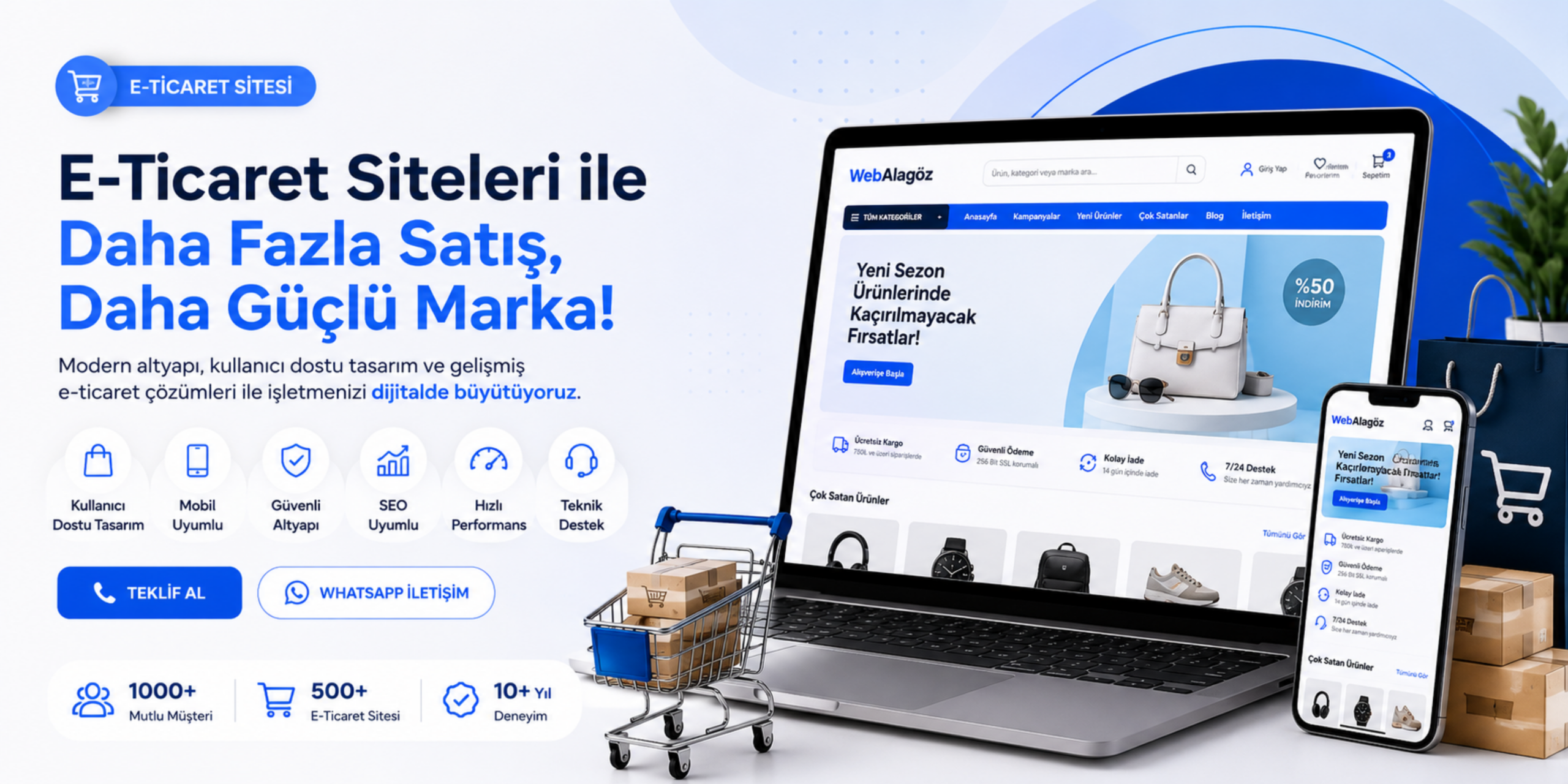 E-ticaret sitesi hizmetleri için hazırlanmış modern ve SEO uyumlu web tasarım banner görseli