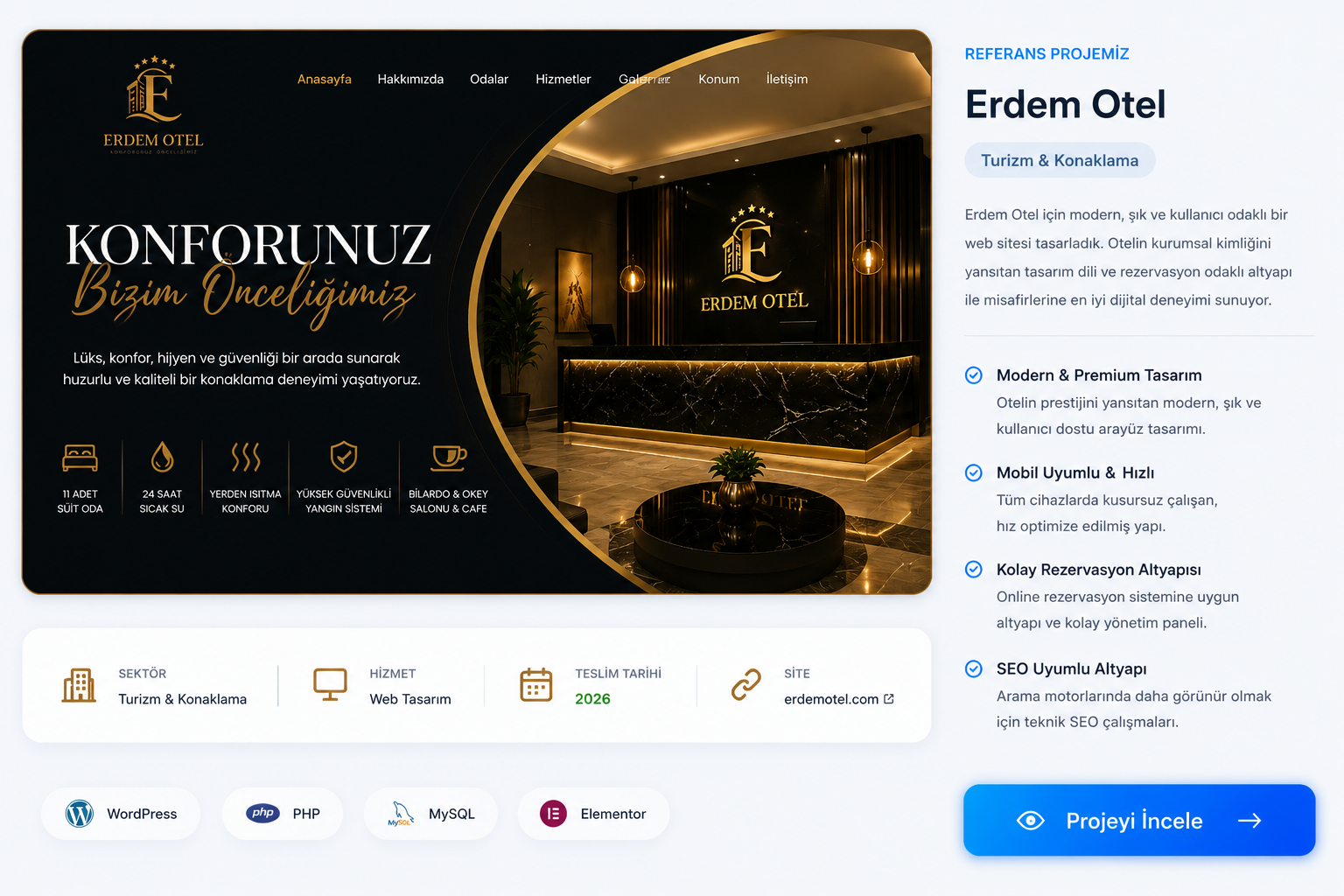 Erdem Otel premium otel web tasarım referans projesi