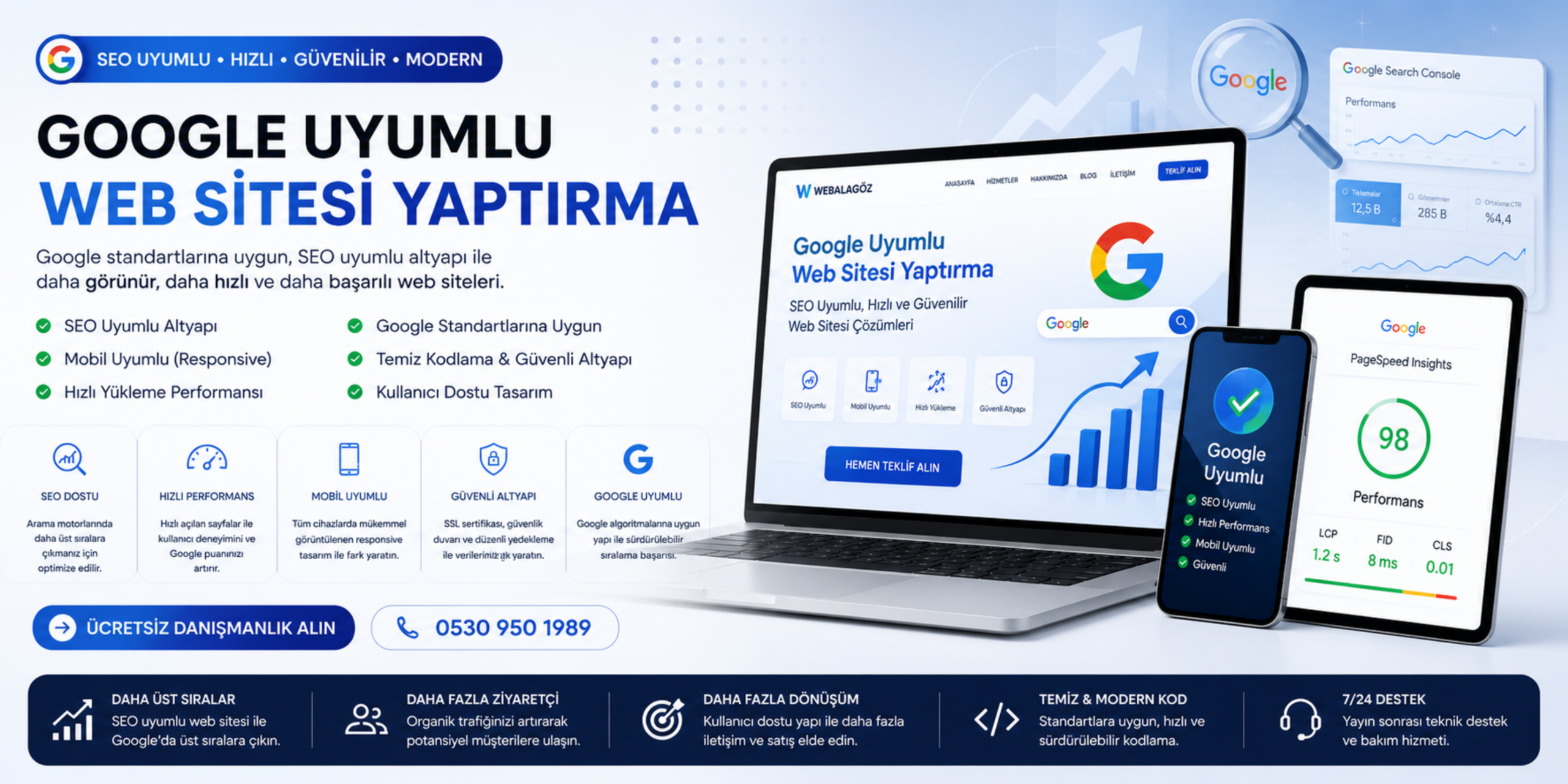 Google uyumlu web sitesi yaptırma banner görseli, SEO uyumlu altyapı, hızlı performans, mobil uyumlu tasarım ve Google standartlarına uygun profesyonel web sitesi hizmetlerini anlatan modern banner tasarımı
