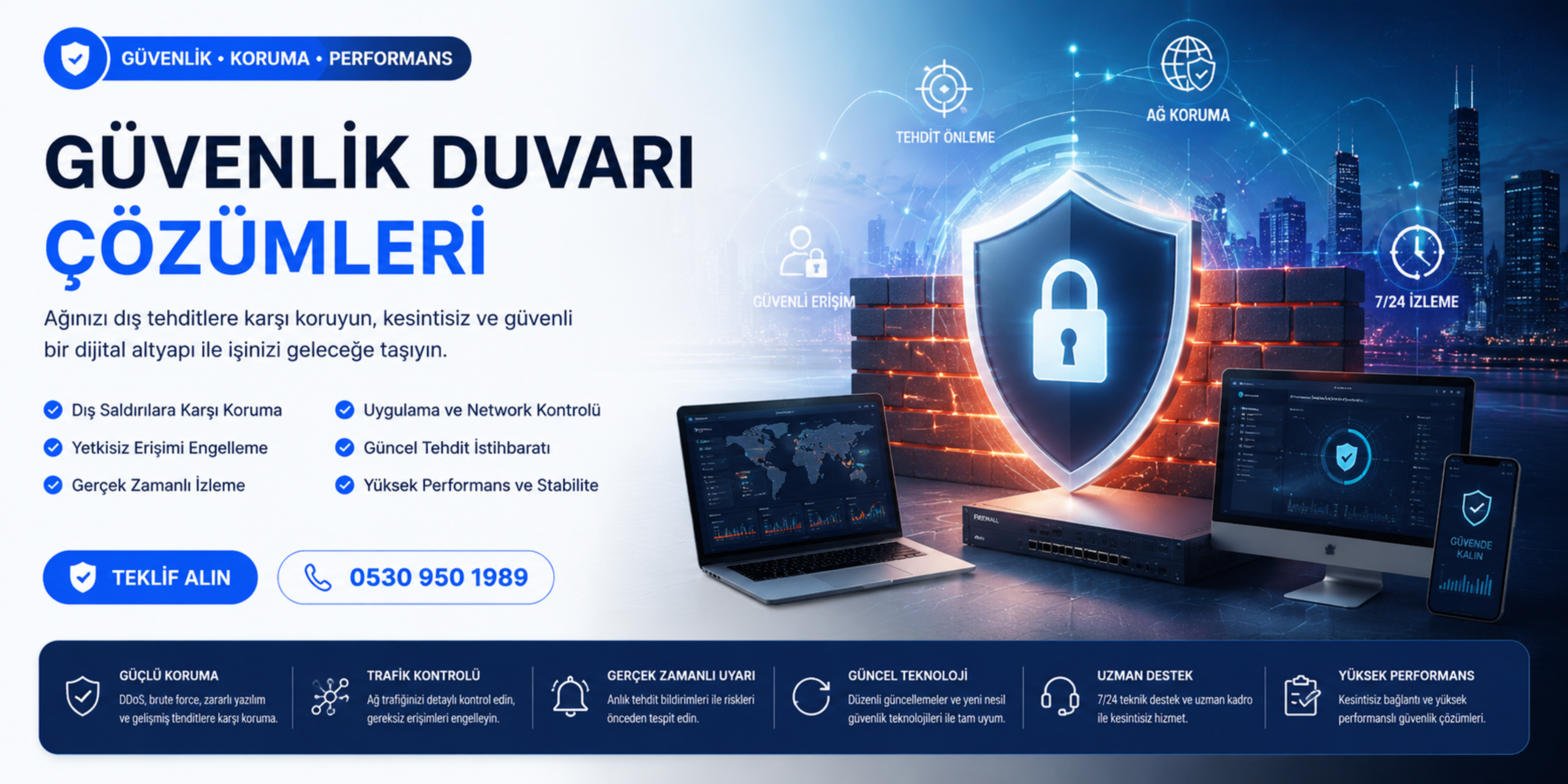 Güvenlik duvarı çözümleri banner görseli, ağ güvenliği, firewall koruması, tehdit önleme ve kurumsal siber güvenlik altyapısını anlatan modern teknoloji banner tasarımı