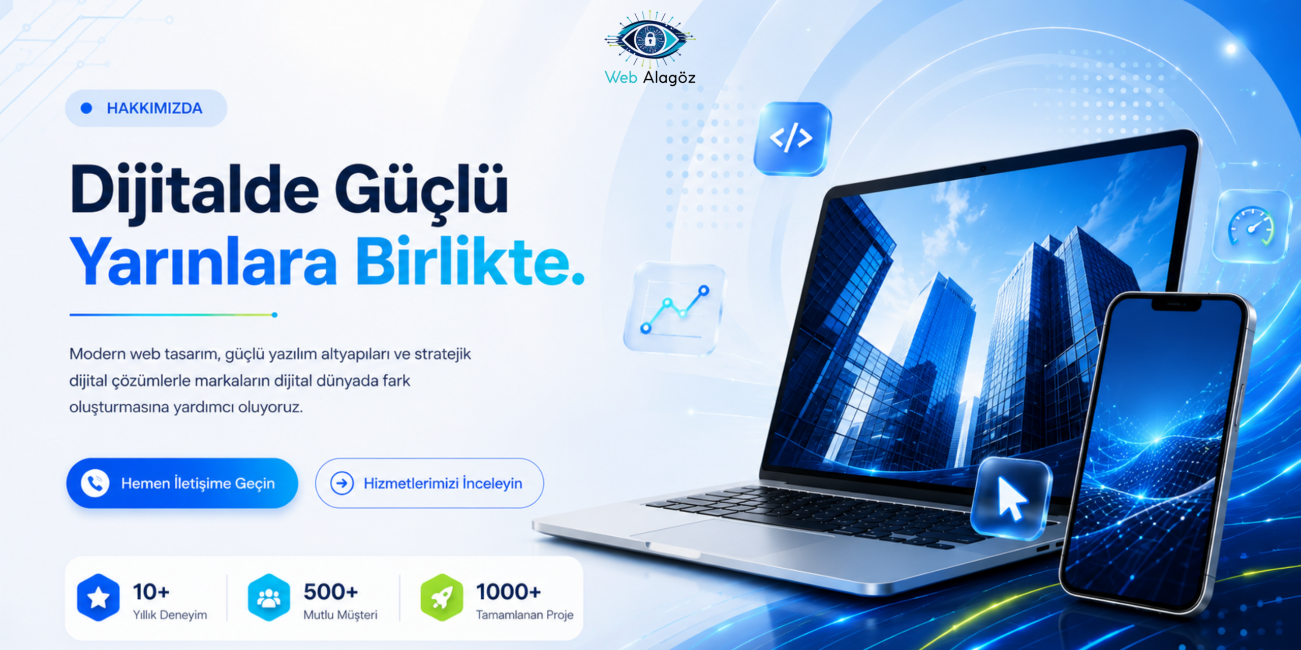 Modern dijital ajans banner görseli, laptop ve mobil cihaz mockup tasarımı