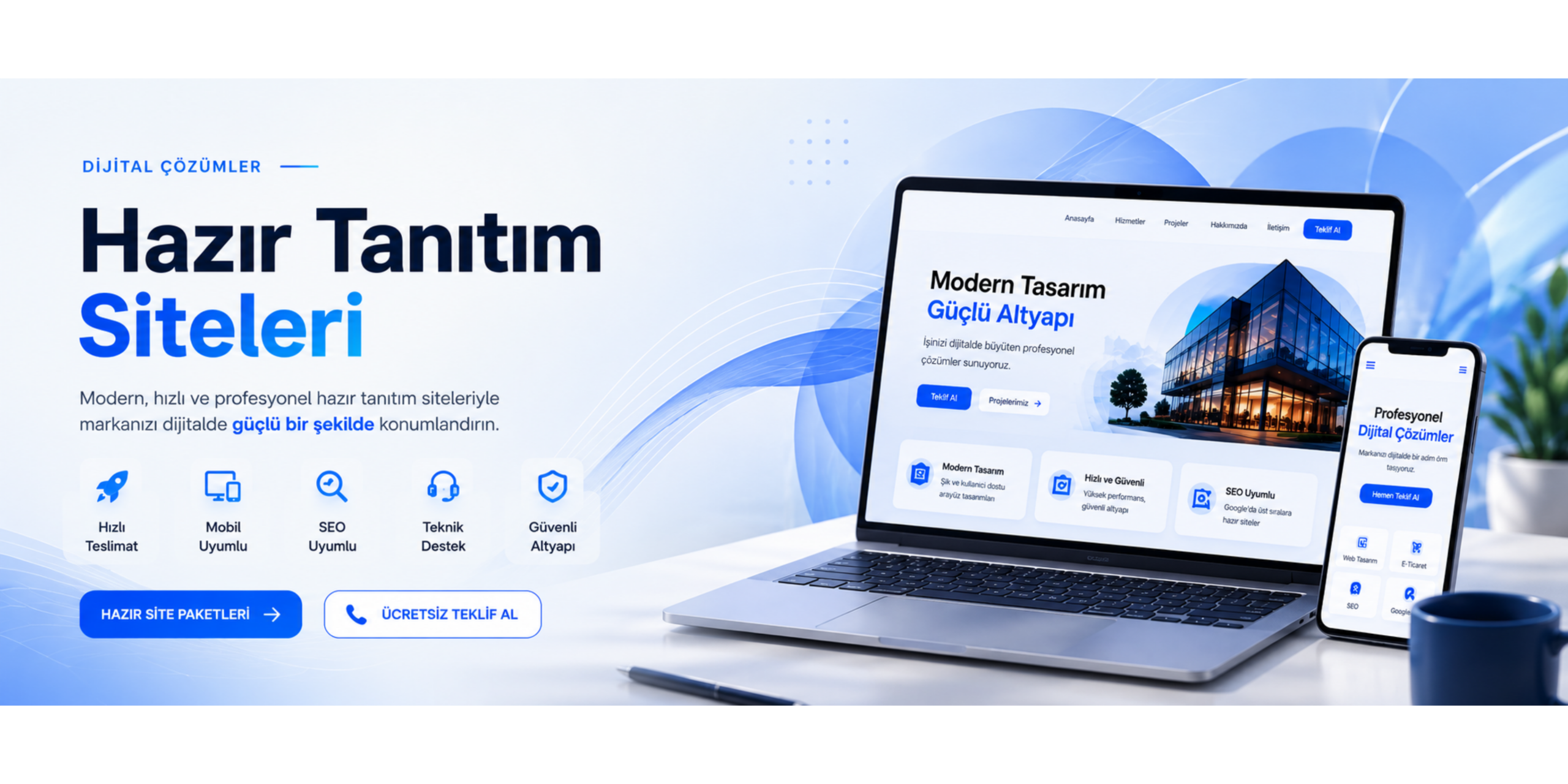 Hazır Tanıtım Siteleri banner görseli, modern web tasarım ve dijital çözümler tanıtımı