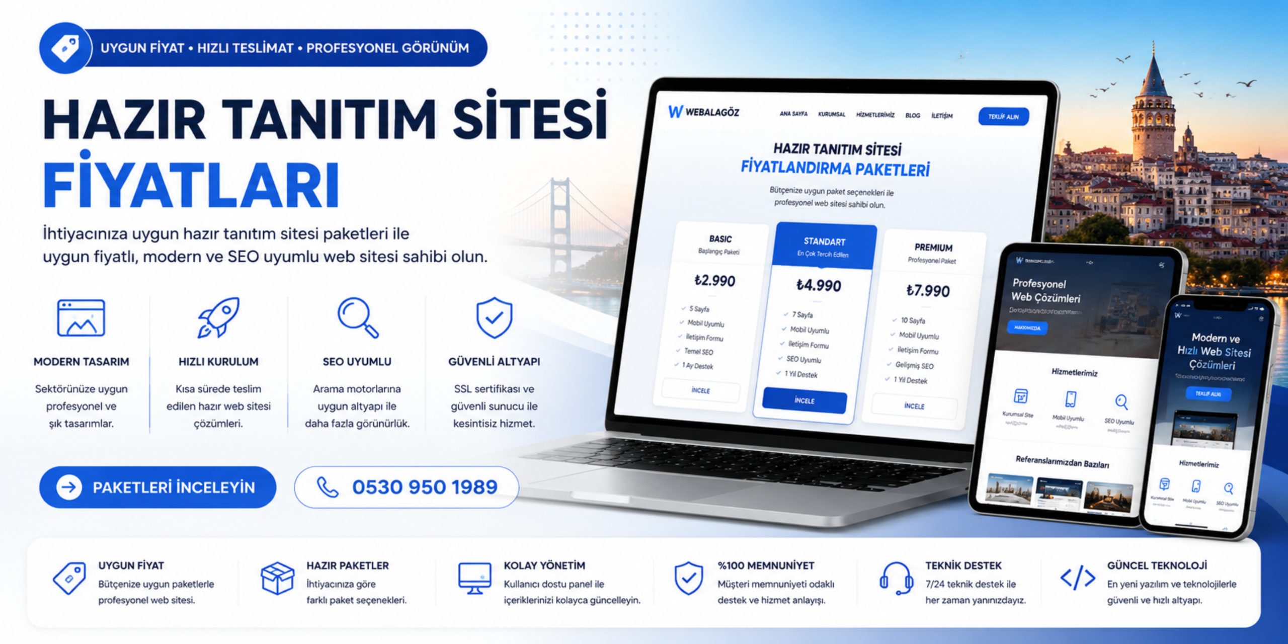Hazır tanıtım sitesi fiyatları banner görseli, uygun fiyatlı hazır web sitesi paketleri, SEO uyumlu tanıtım sitesi çözümleri ve hızlı teslim web tasarım hizmetlerini anlatan modern banner tasarımı