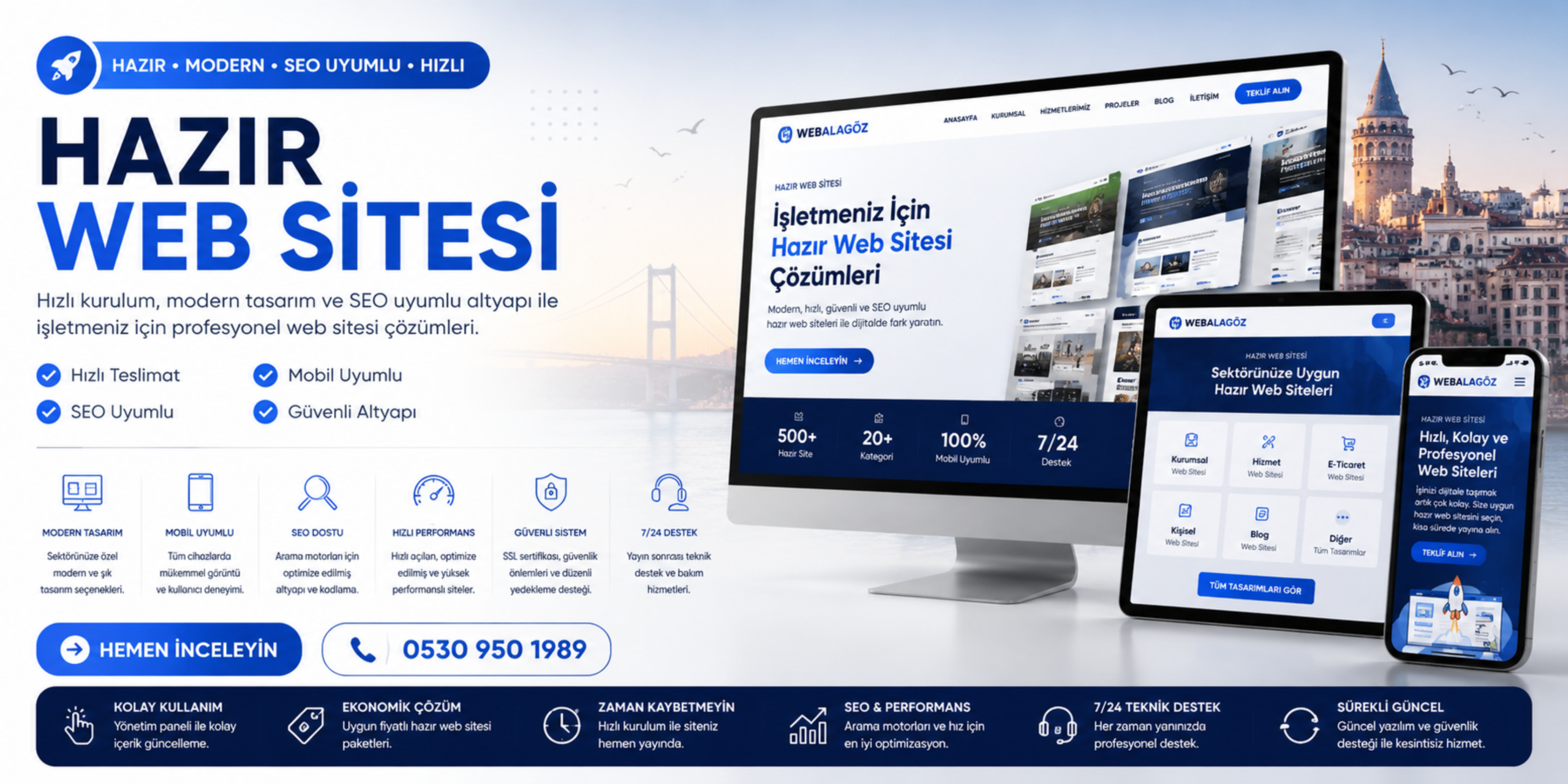 Hazır web sitesi banner görseli, hızlı kurulumlu SEO uyumlu web sitesi çözümleri, mobil uyumlu hazır internet sitesi paketleri ve profesyonel dijital hizmetleri anlatan modern banner tasarımı