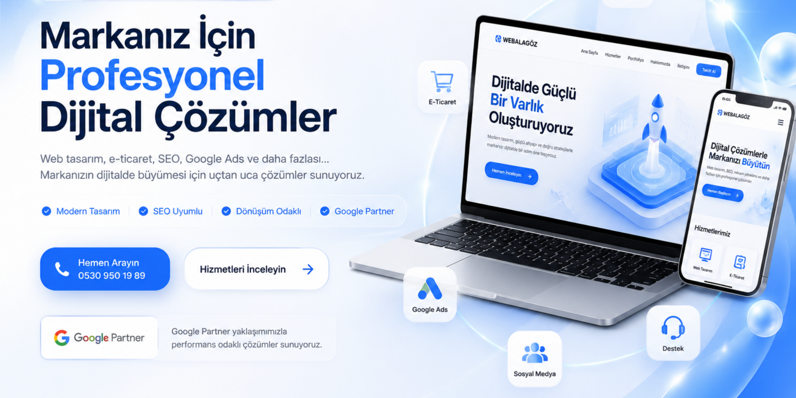 Modern dijital hizmetler banner görseli, laptop ve mobil ekran mockup tasarımı
