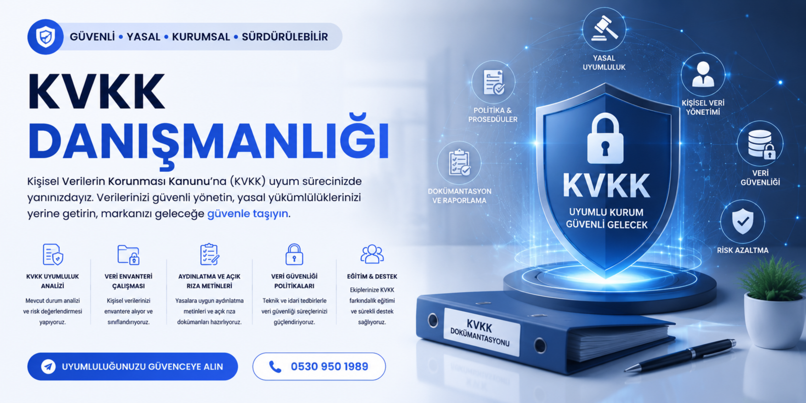 KVKK danışmanlığı banner görseli, kişisel verilerin korunması, veri güvenliği, yasal uyumluluk ve kurumsal KVKK süreçlerini anlatan modern teknoloji banner tasarımı