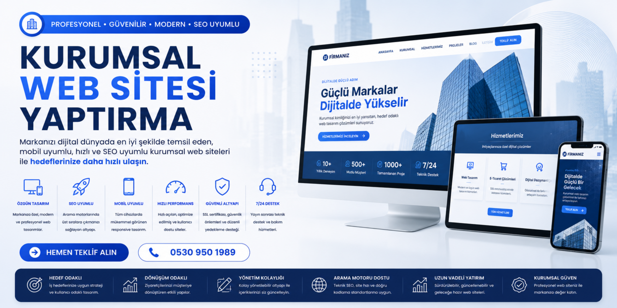 Kurumsal web sitesi yaptırma banner görseli, modern kurumsal web tasarım, mobil uyumlu internet sitesi ve SEO uyumlu dijital marka çözümlerini anlatan profesyonel banner tasarımı