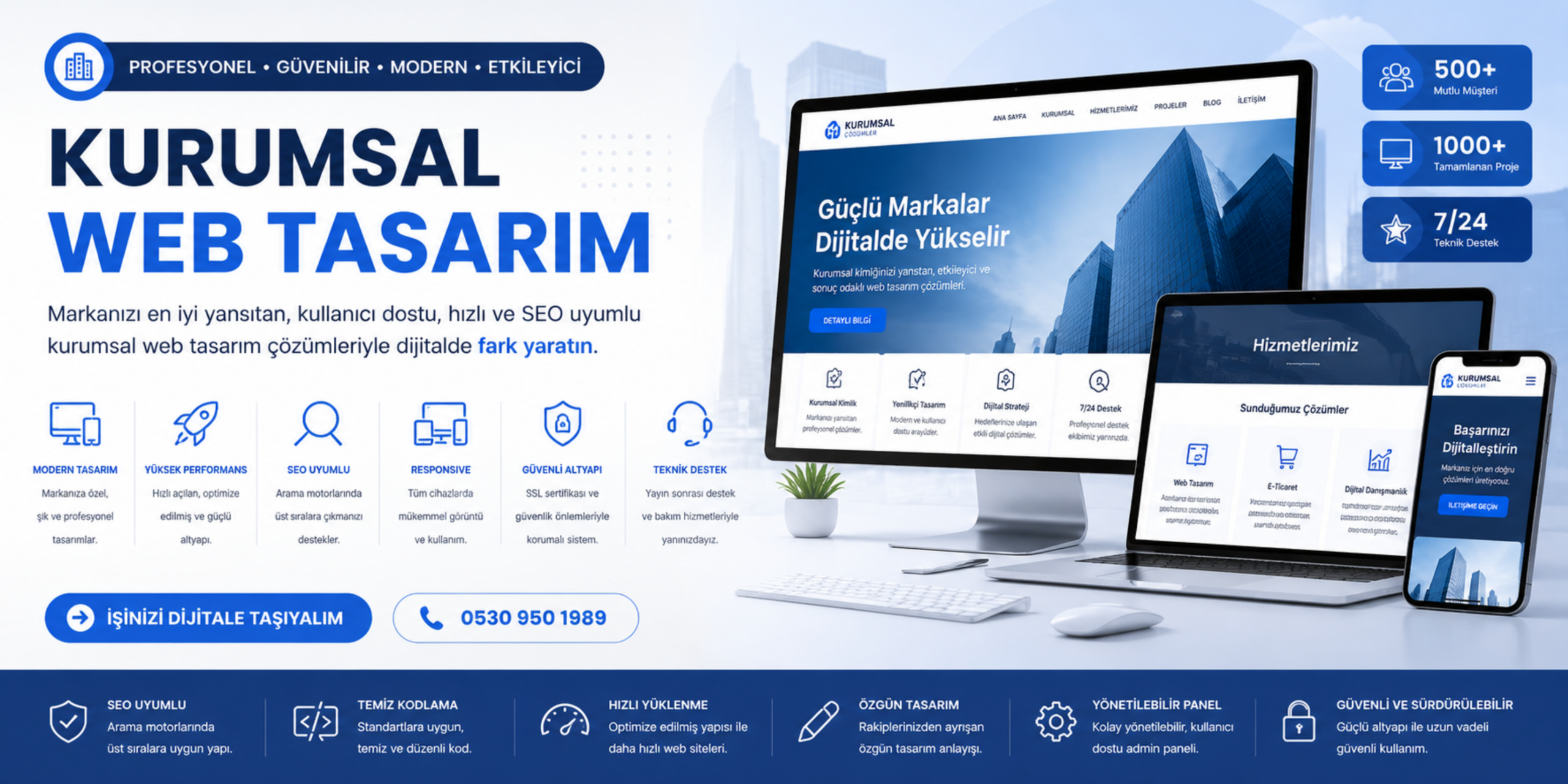 Kurumsal web tasarım banner görseli, profesyonel web sitesi tasarımı, SEO uyumlu kurumsal web çözümleri ve modern dijital marka altyapısını anlatan teknoloji odaklı banner tasarımı