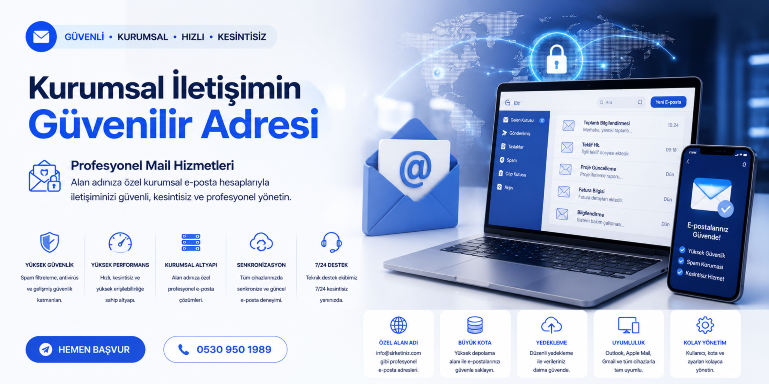 Mail hizmeti banner görseli, kurumsal e-posta çözümleri, güvenli mail altyapısı ve profesyonel kurumsal iletişim hizmetlerini anlatan modern teknoloji banner tasarımı