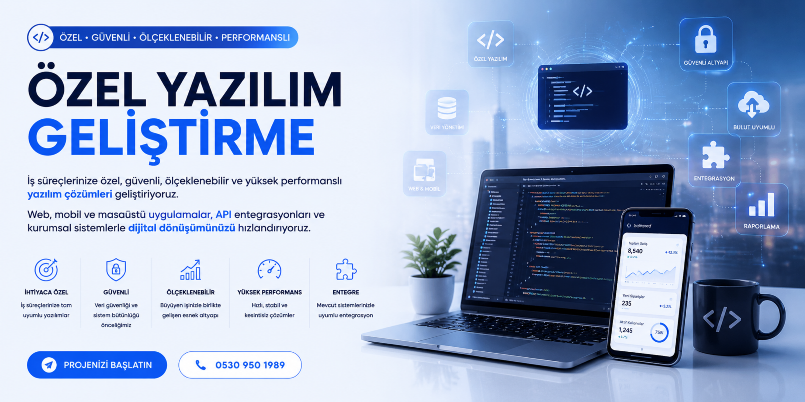 Özel yazılım geliştirme banner görseli, kurumsal yazılım çözümleri, API entegrasyonları, güvenli altyapı ve ölçeklenebilir özel yazılım hizmetlerini anlatan modern teknoloji banner tasarımı