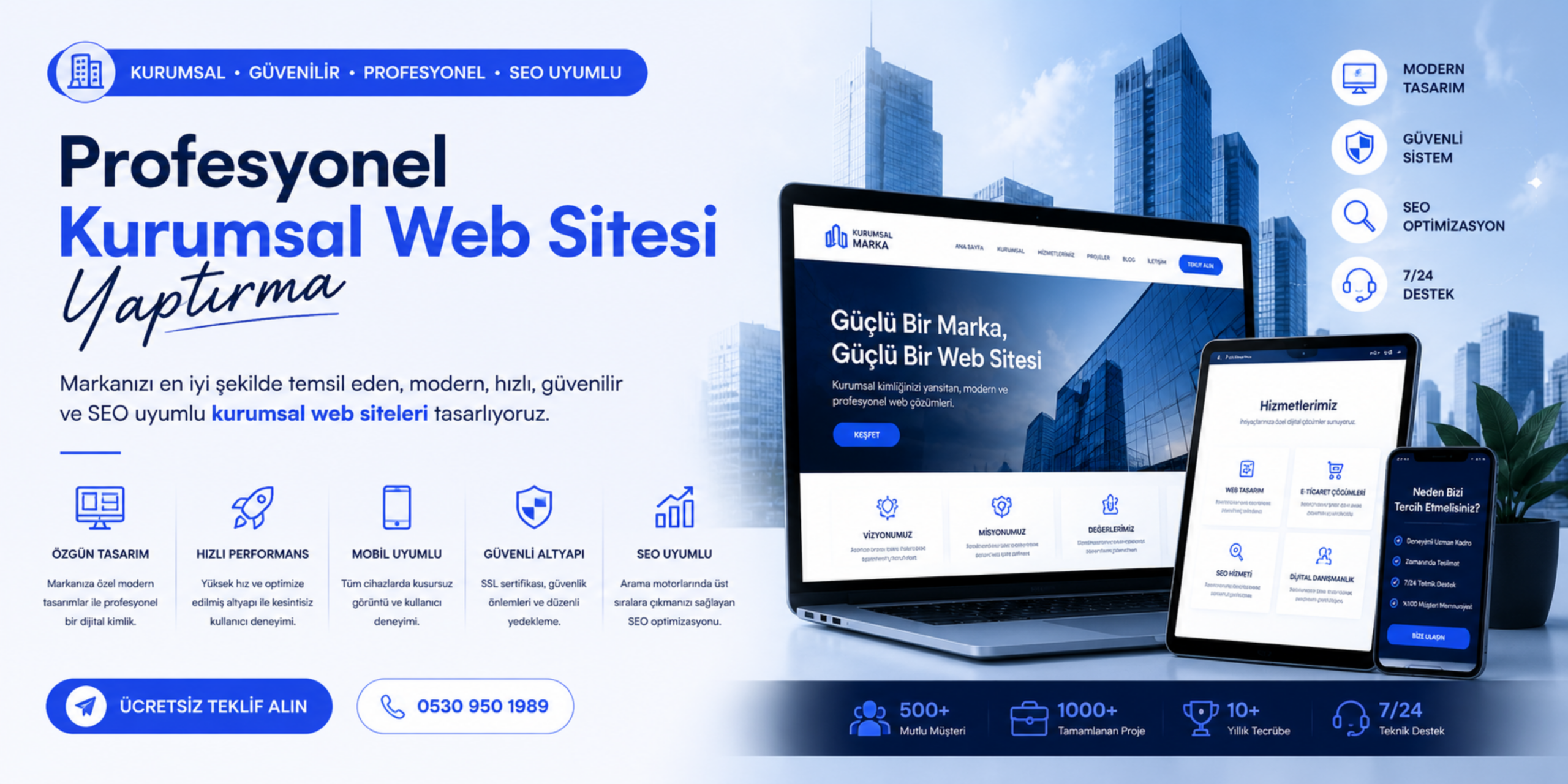 Profesyonel kurumsal web sitesi yaptırma banner görseli, modern kurumsal web tasarım, mobil uyumlu arayüz ve SEO uyumlu internet sitesi hizmetlerini anlatan premium banner tasarımı