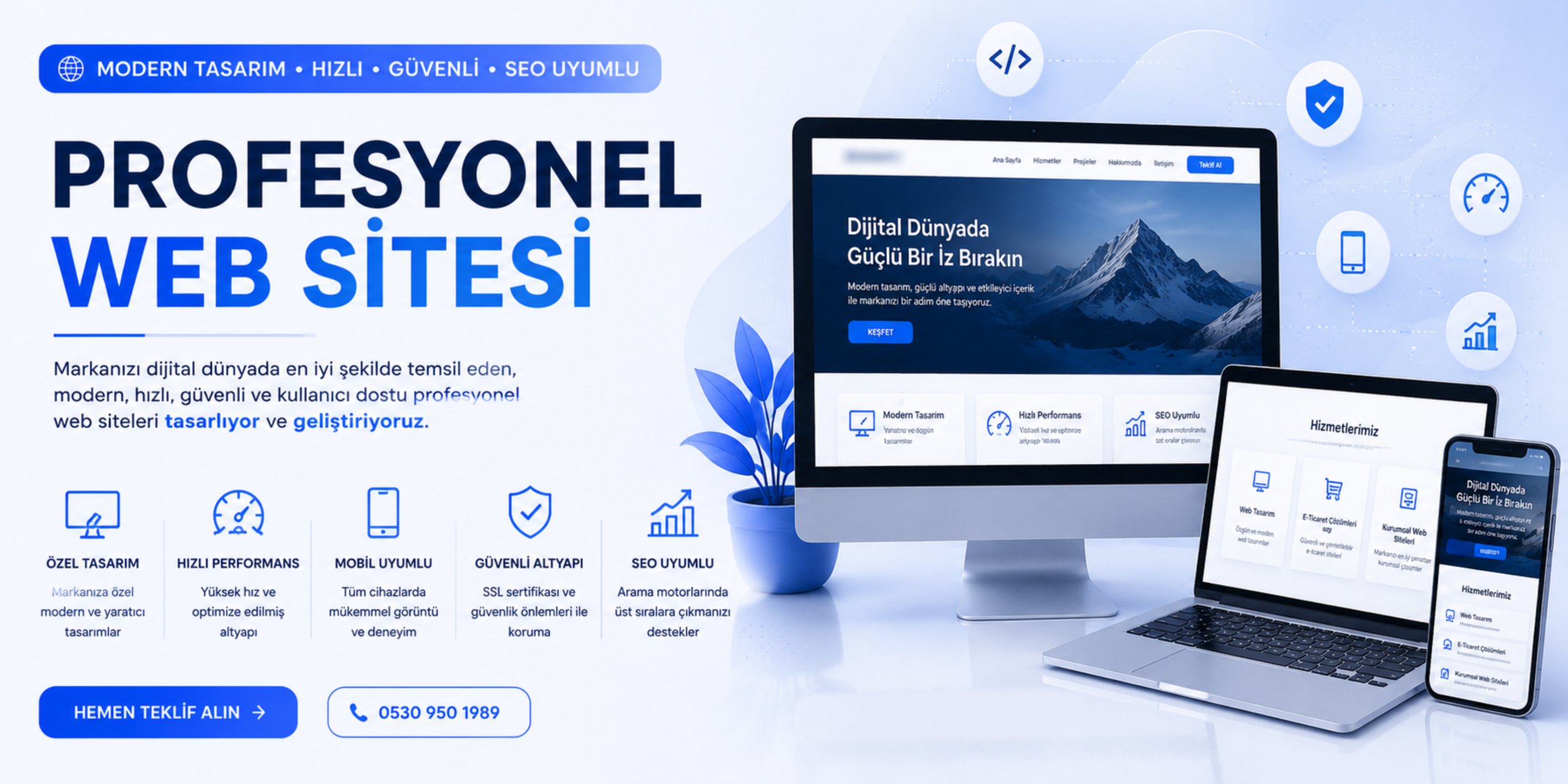 Profesyonel web sitesi banner görseli, modern kurumsal web tasarım, SEO uyumlu altyapı ve mobil uyumlu profesyonel internet sitesi hizmetlerini anlatan premium banner tasarımı