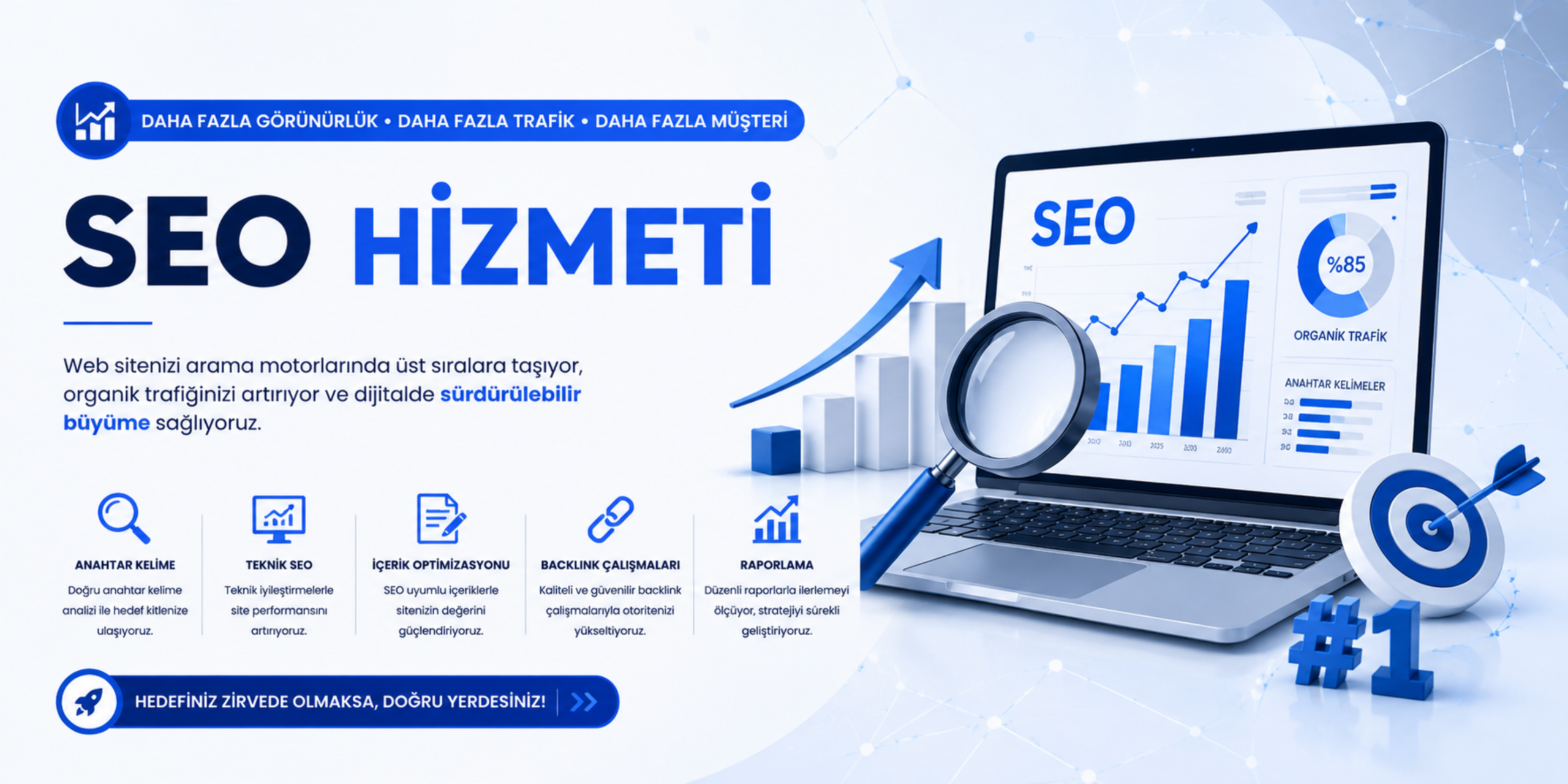 SEO hizmeti banner görseli, Google sıralama yükselişi, organik trafik artışı ve profesyonel arama motoru optimizasyonu hizmetlerini anlatan modern teknoloji temalı banner tasarımı