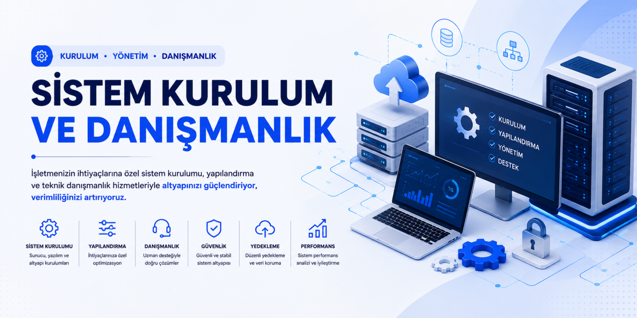 Sistem kurulum ve danışmanlık banner görseli, sunucu altyapısı, sistem yönetimi ve teknik danışmanlık hizmetlerini anlatan modern teknoloji temalı profesyonel banner tasarımı