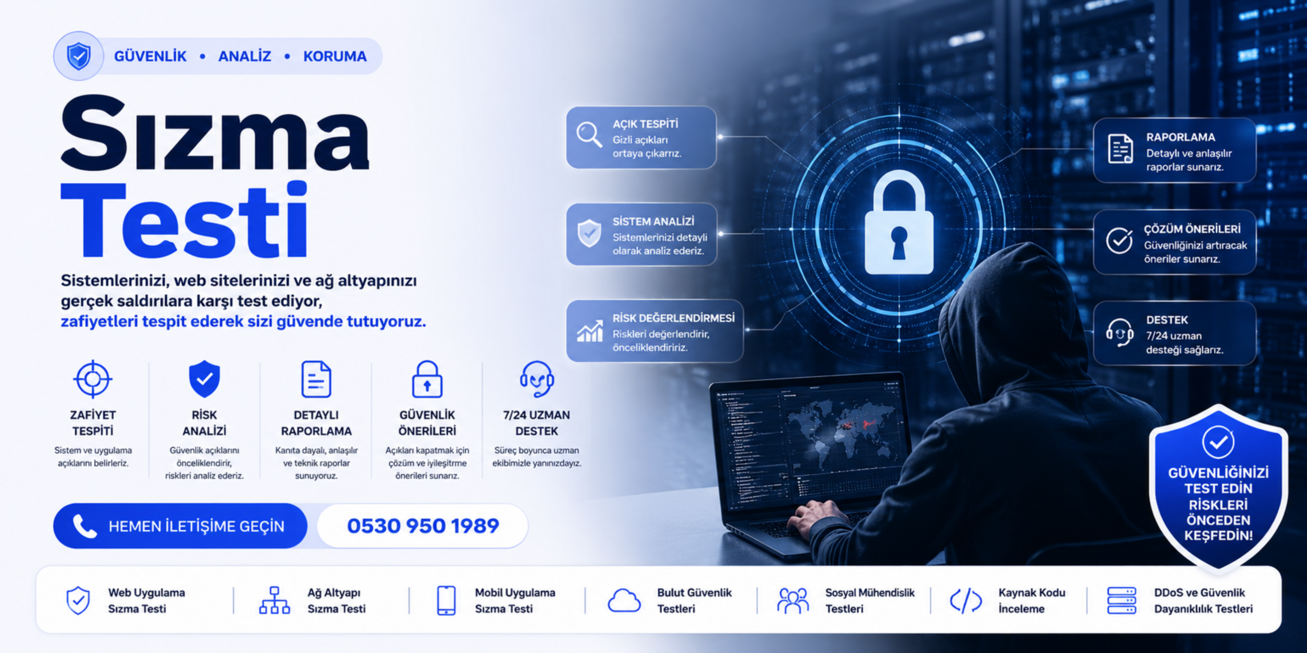 Sızma testi banner görseli, siber güvenlik uzmanı ve dijital güvenlik arayüzü ile web uygulama güvenliği ve penetrasyon testi hizmetlerini anlatan profesyonel banner tasarımı