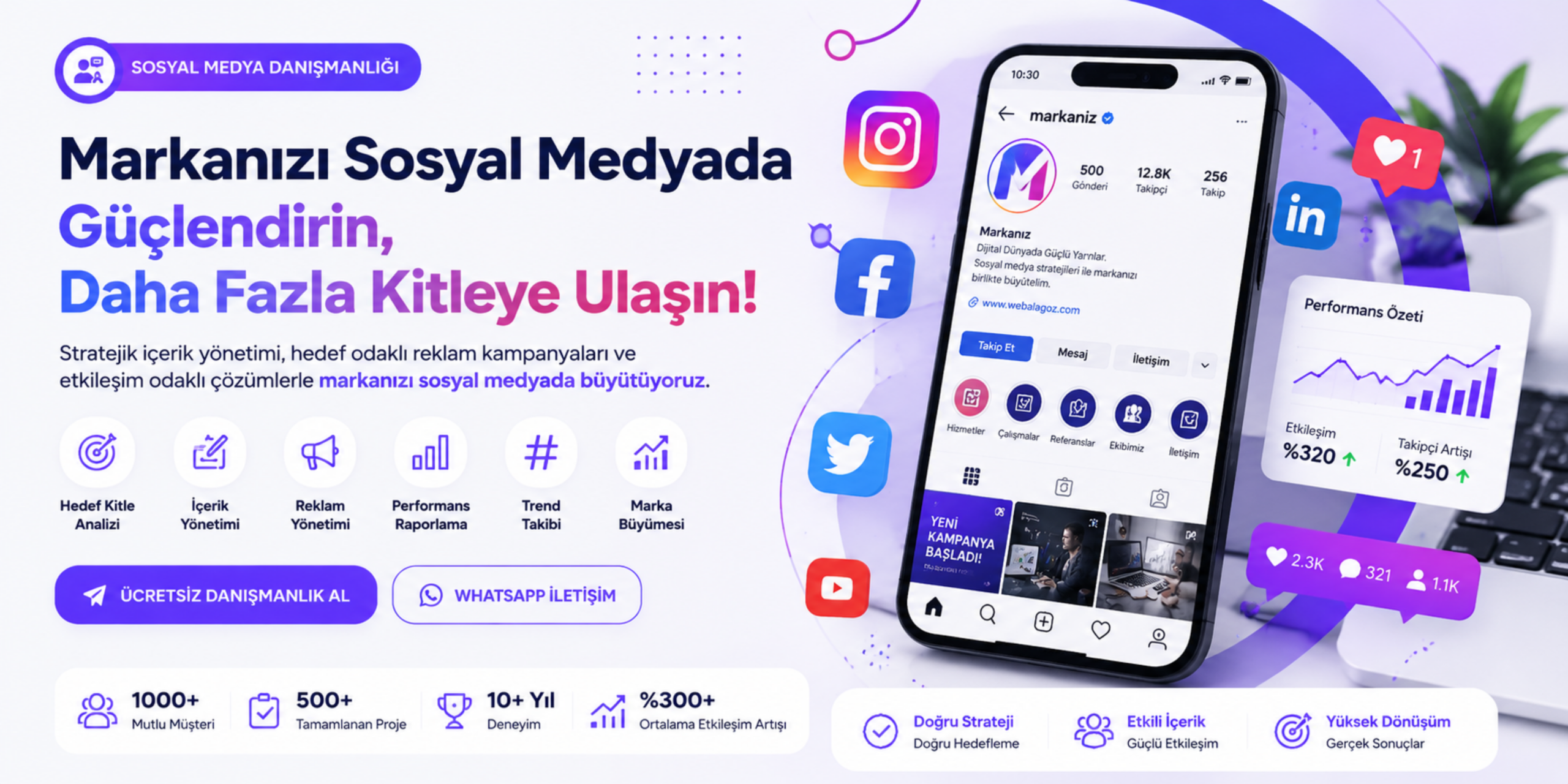 Sosyal medya danışmanlığı, Instagram yönetimi ve dijital reklam hizmetleri için hazırlanmış modern banner görseli