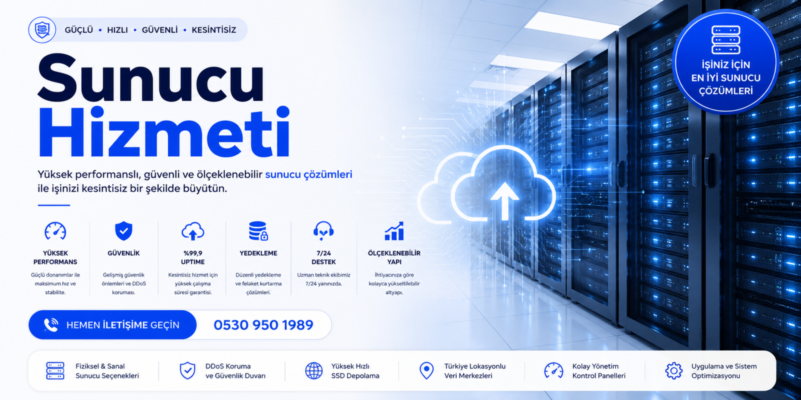 Sunucu hizmeti banner görseli, yüksek performanslı bulut ve dedicated sunucu çözümlerini anlatan modern veri merkezi temalı profesyonel banner tasarımı