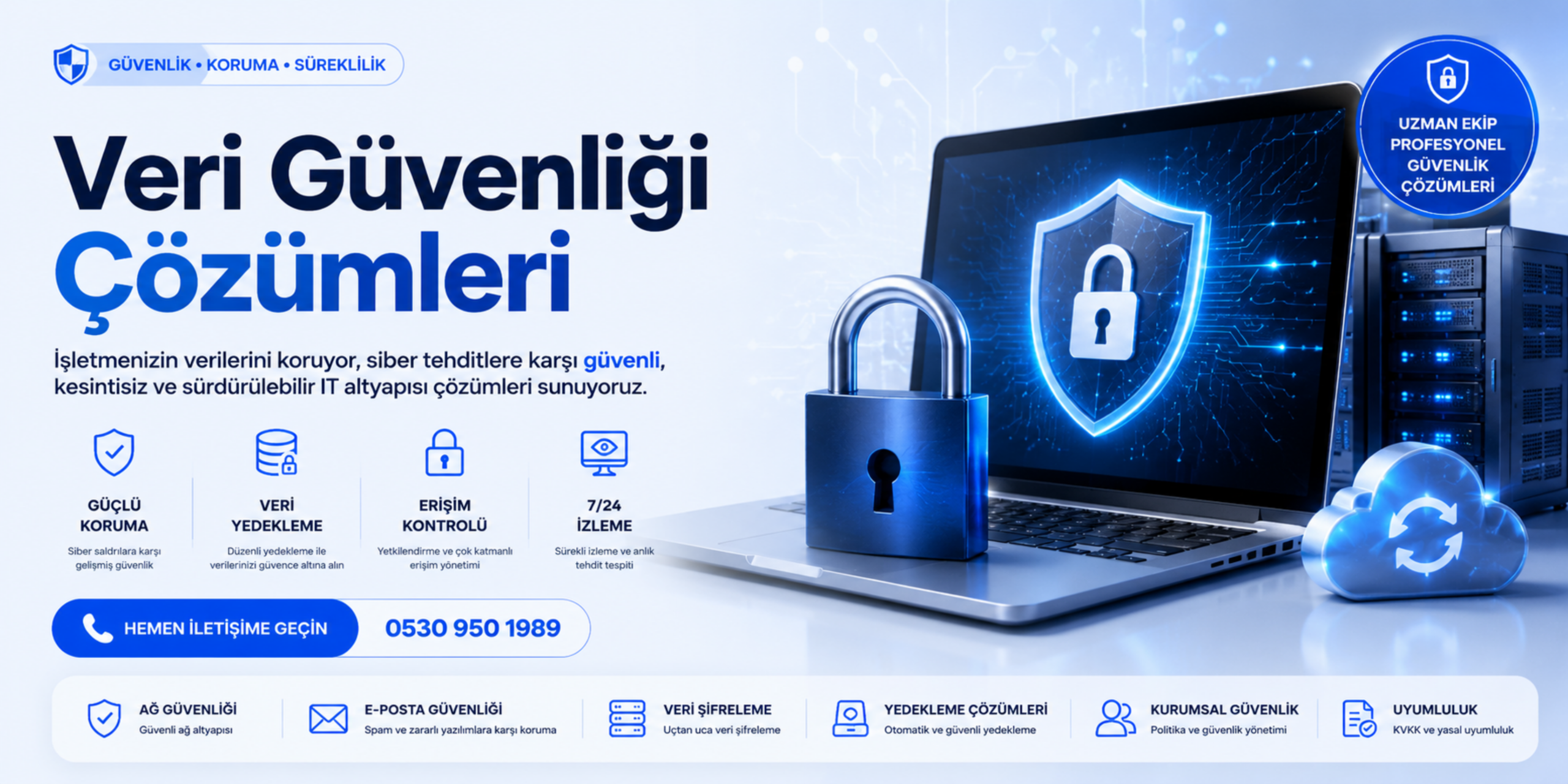 Veri güvenliği çözümleri banner görseli, siber güvenlik altyapısı, veri koruma ve yedekleme sistemlerini anlatan profesyonel kurumsal banner tasarımı