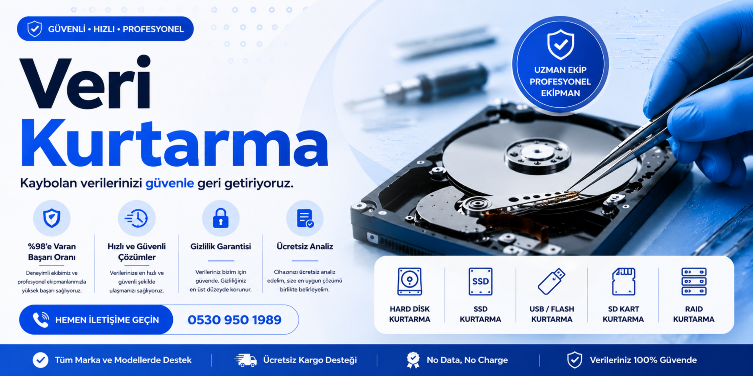 Veri kurtarma banner görseli, hard disk onarımı yapan teknik ekip görüntüsüyle güvenli veri kurtarma hizmetlerini tanıtan profesyonel reklam bannerı