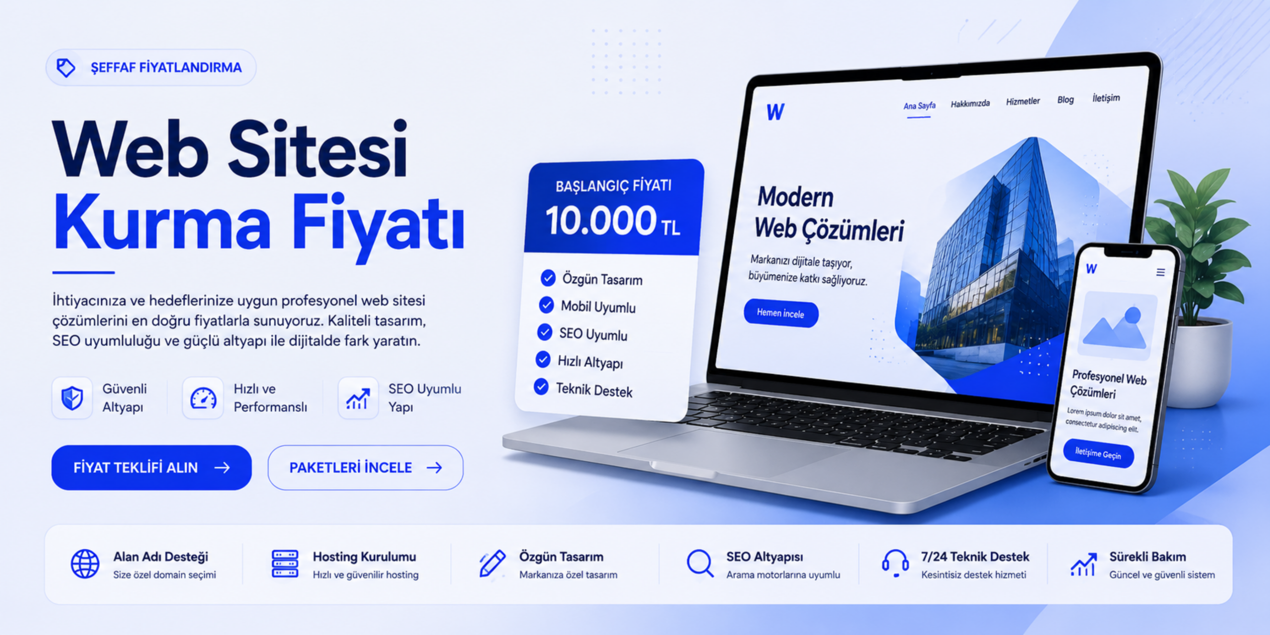 Web sitesi kurma fiyatı banner görseli, profesyonel web tasarım hizmetleri, hosting kurulumu, SEO altyapısı ve 10.000 TL başlangıç fiyatı içeren modern reklam bannerı