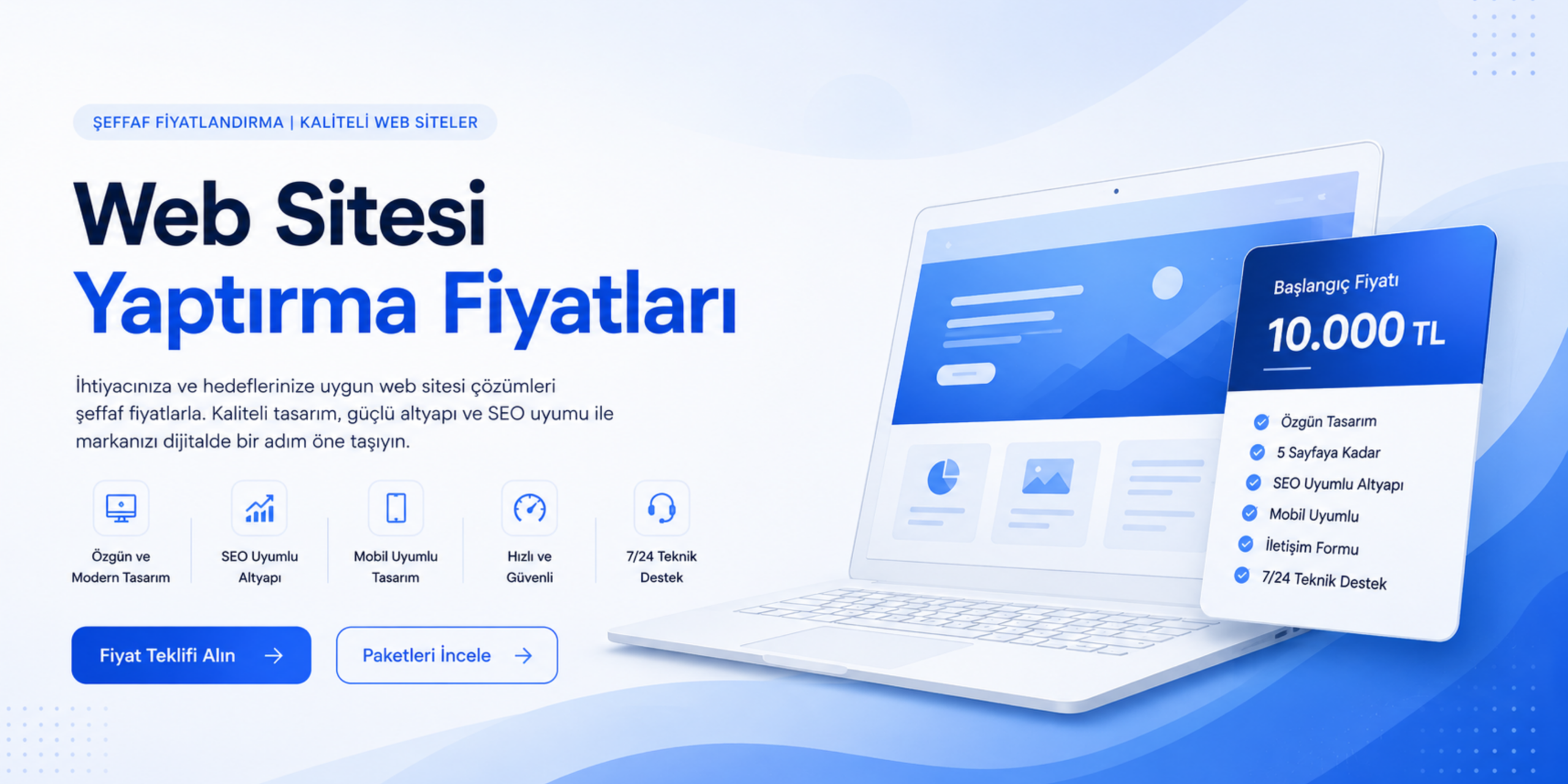 Web sitesi yaptırma fiyatları banner görseli, modern laptop tasarımı ve 10.000 TL başlangıç fiyatı içeren profesyonel web tasarım reklam bannerı