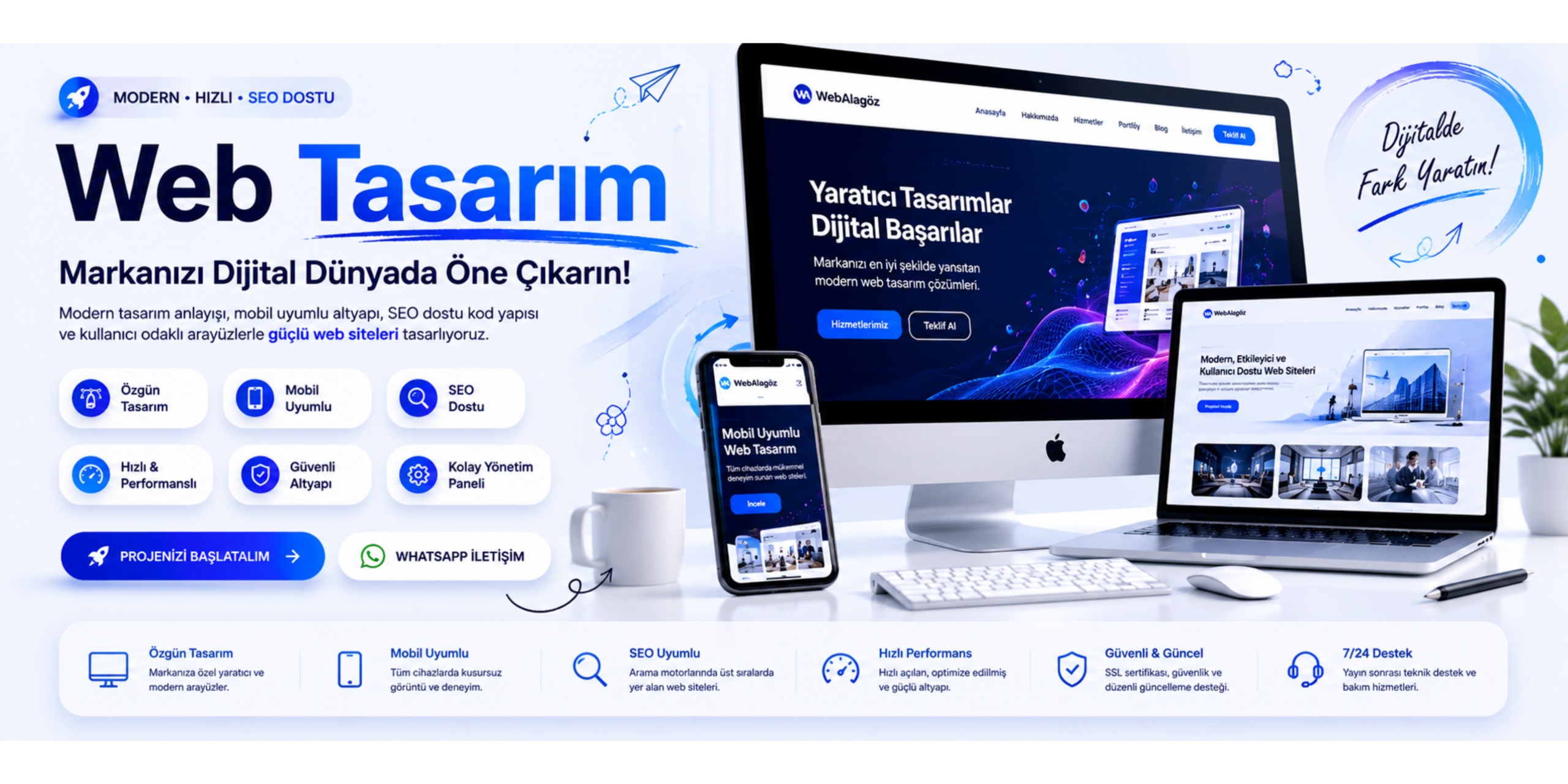 Web tasarım banner görseli, profesyonel web tasarım hizmetleri, SEO uyumlu mobil web sitesi çözümleri ve modern dijital tasarım altyapısı