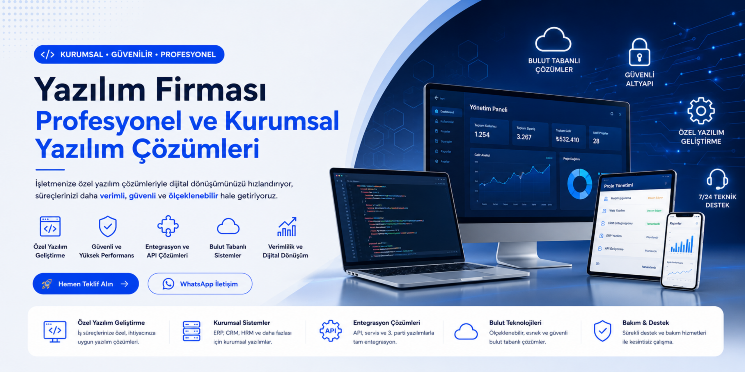 Yazılım firması profesyonel ve kurumsal yazılım çözümleri banner görseli, özel yazılım geliştirme, ERP CRM sistemleri ve kurumsal dijital dönüşüm hizmetleri