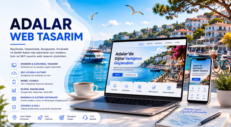 Adalar web tasarım hizmetlerini temsil eden, Büyükada manzarası eşliğinde SEO uyumlu ve mobil uyumlu web sitesi çözümlerini gösteren kurumsal tanıtım görseli