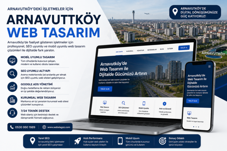 Arnavutköy web tasarım hizmetlerini tanıtan, SEO uyumlu, mobil uyumlu ve kurumsal web sitesi çözümlerini gösteren profesyonel tanıtım görseli.