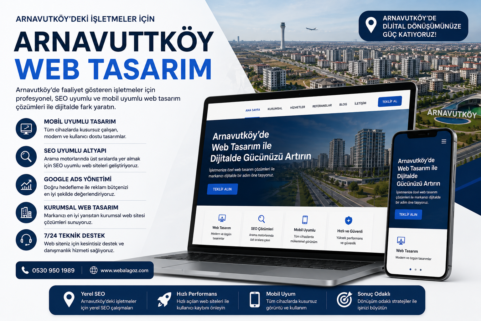 Arnavutköy web tasarım hizmetlerini tanıtan, SEO uyumlu, mobil uyumlu ve kurumsal web sitesi çözümlerini gösteren profesyonel tanıtım görseli.