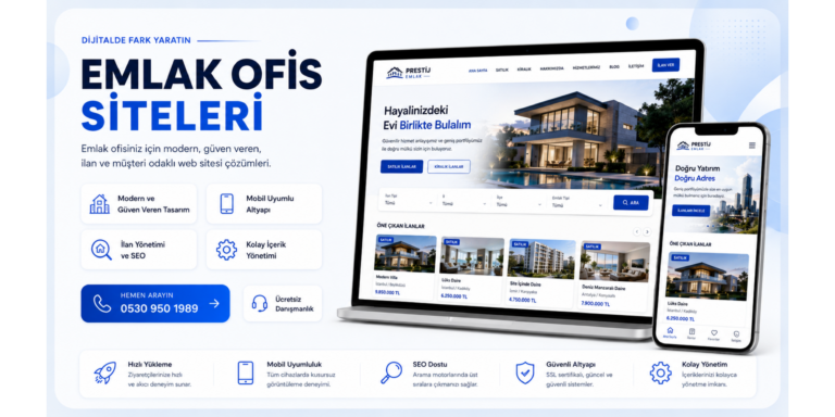 Emlak ofis sitesi web tasarım hizmeti için modern, mobil uyumlu, ilan yönetimi ve SEO odaklı banner görseli