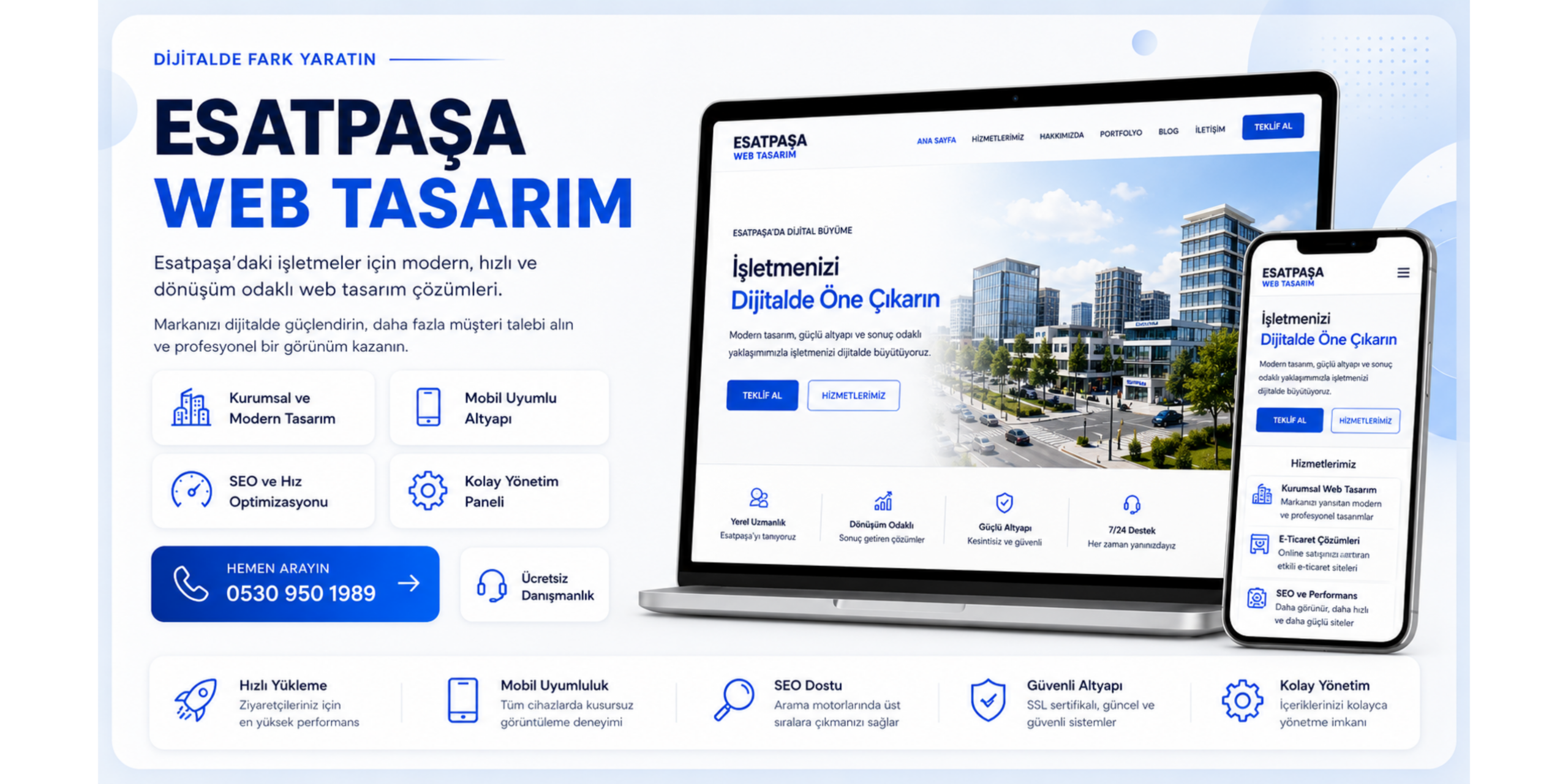 Esatpaşa web tasarım hizmeti için modern, mobil uyumlu, hızlı ve SEO odaklı banner görseli