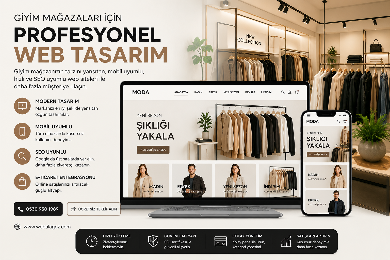 Giyim mağazaları için web tasarım hizmetlerini tanıtan, e-ticaret entegrasyonu, mobil uyumlu tasarım, SEO çalışmaları ve dijital pazarlama çözümlerini gösteren profesyonel tanıtım görseli.