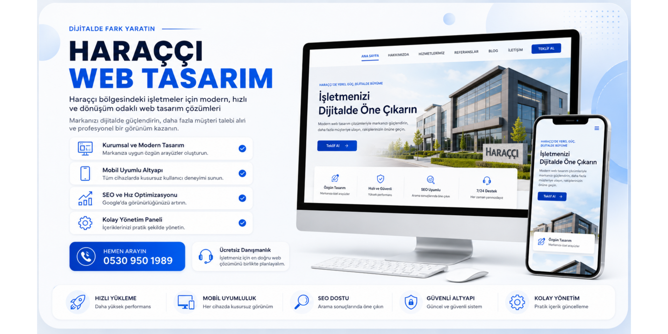 Haraççı web tasarım hizmeti için modern, mobil uyumlu ve SEO odaklı banner görseli
