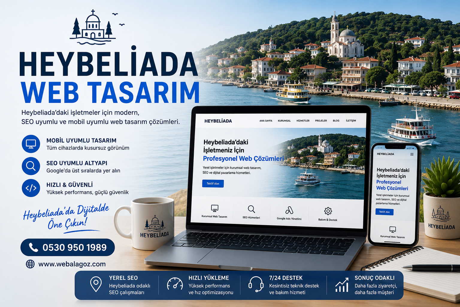Heybeliada web tasarım hizmetlerini temsil eden, Heybeliada manzarası eşliğinde SEO uyumlu, mobil uyumlu ve kurumsal web sitesi çözümlerini gösteren profesyonel tanıtım görseli