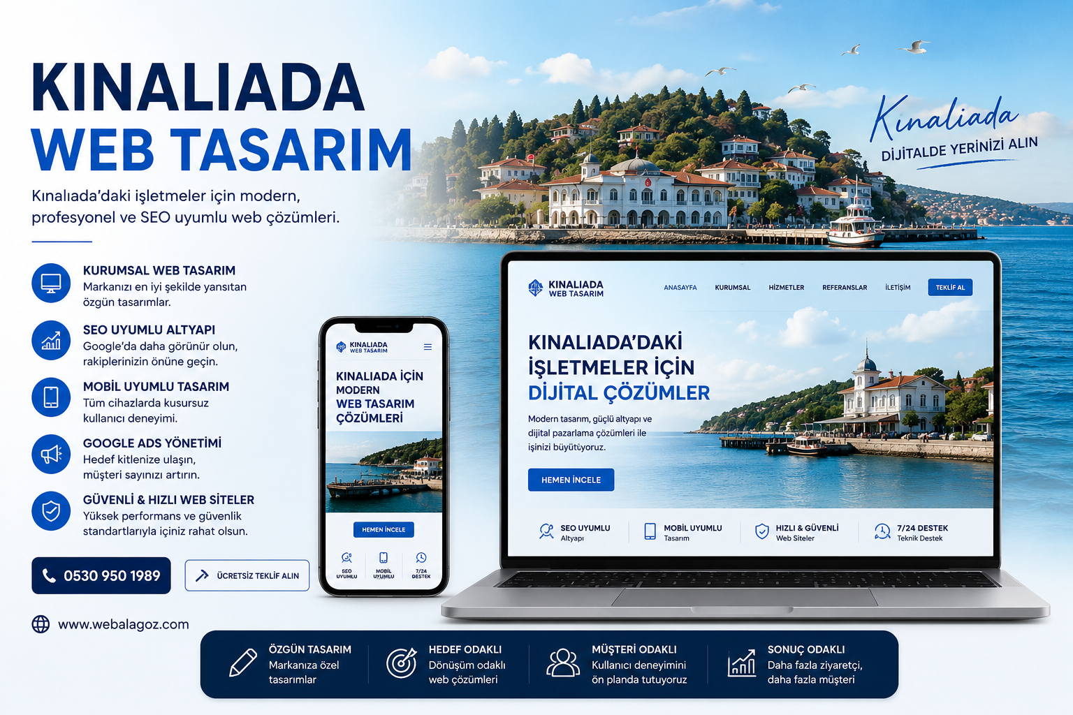Kınalıada web tasarım hizmetlerini tanıtan, mobil uyumlu web sitesi, SEO çalışmaları, Google Ads yönetimi ve dijital pazarlama çözümlerini gösteren profesyonel tanıtım görseli.