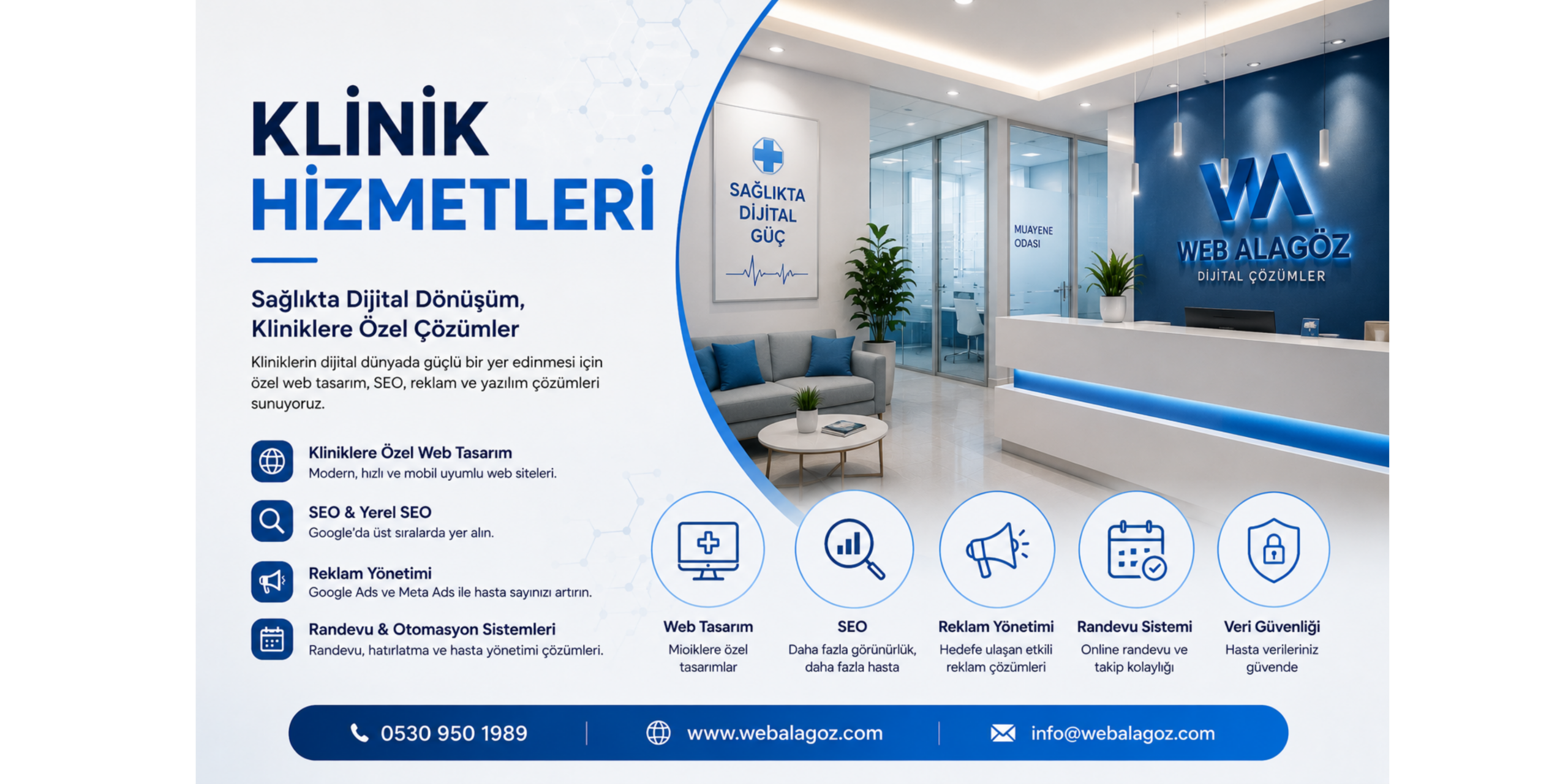 Klinik hizmetleri için web tasarım, SEO, dijital pazarlama ve randevu sistemleri çözümlerini gösteren modern klinik görseli