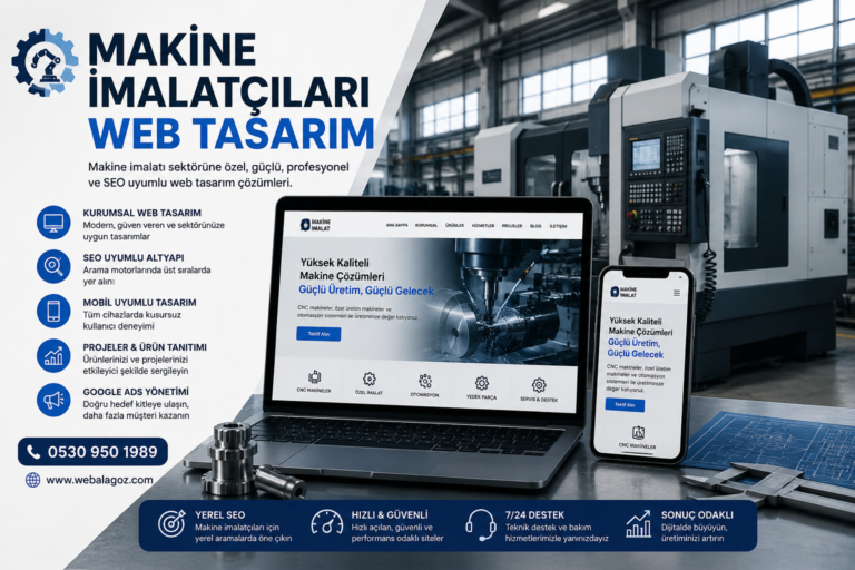 Makine imalatçıları için web tasarım, SEO, ürün tanıtımı ve dijital pazarlama hizmetlerini gösteren CNC üretim tesisi temalı kurumsal tanıtım görseli