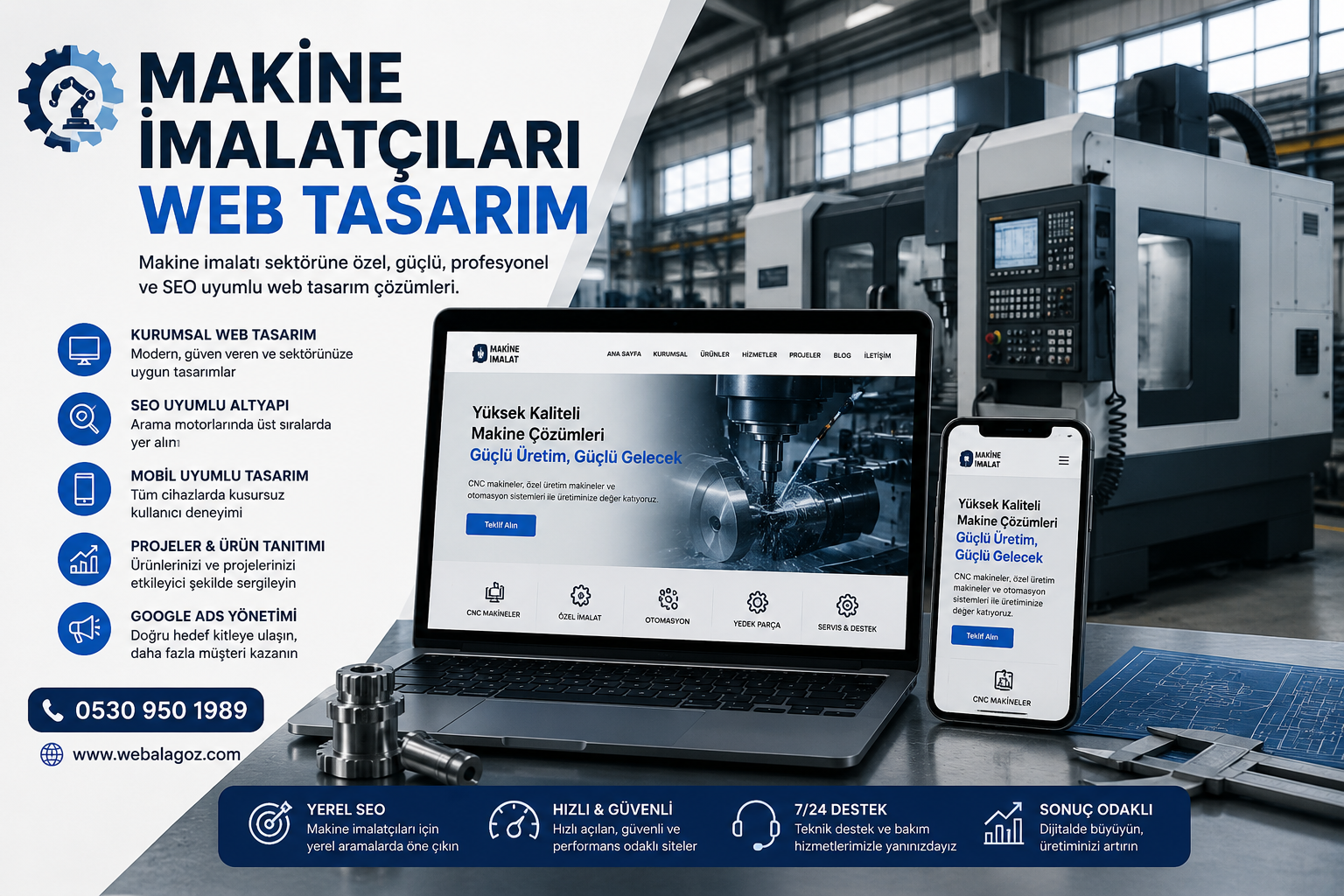 Makine imalatçıları için web tasarım, SEO, ürün tanıtımı ve dijital pazarlama hizmetlerini gösteren CNC üretim tesisi temalı kurumsal tanıtım görseli