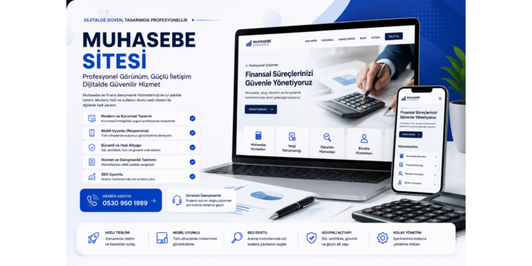 Muhasebe sitesi web tasarım hizmeti için modern, güvenilir, mobil uyumlu ve SEO odaklı banner görseli