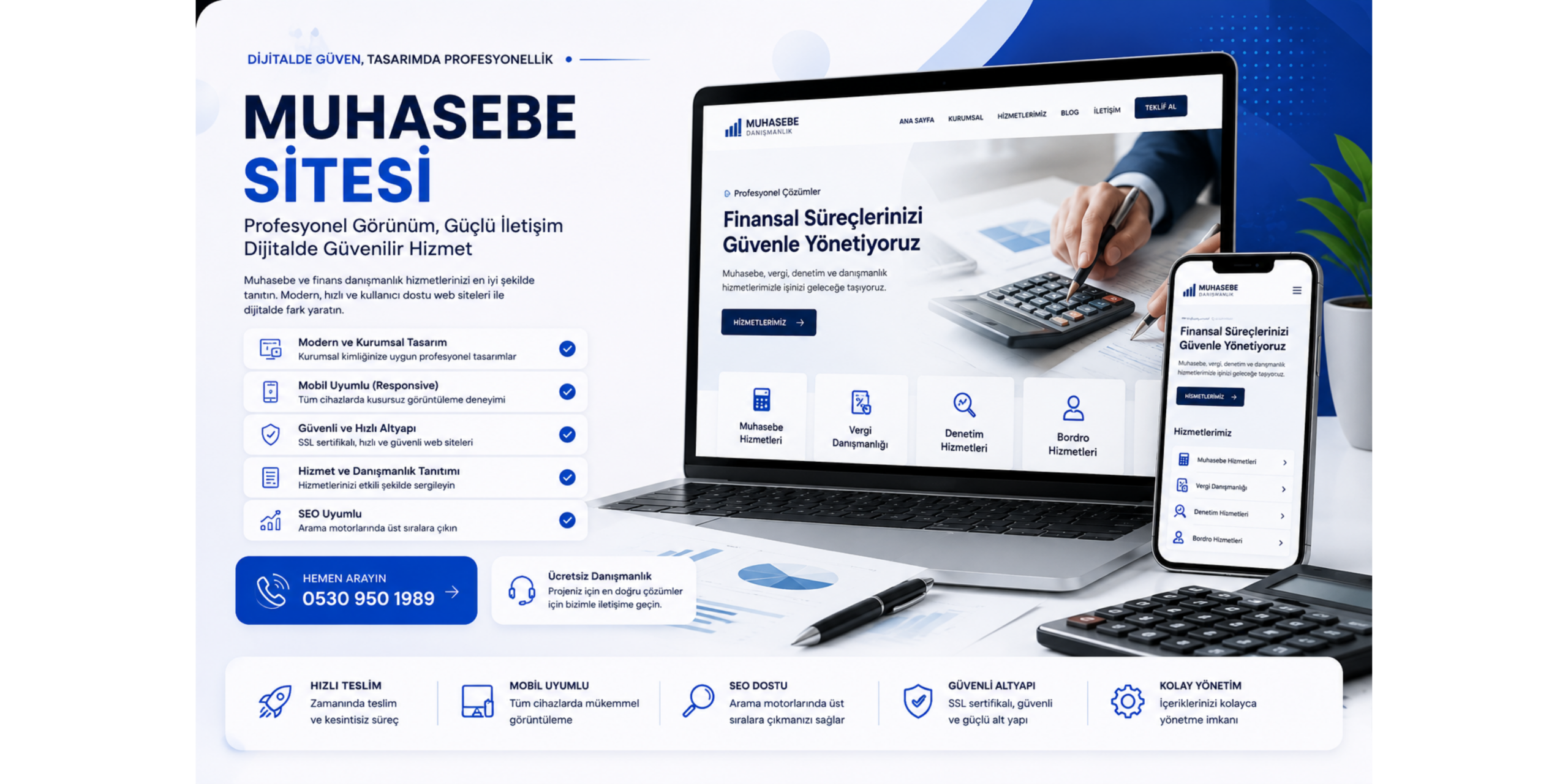 Muhasebe sitesi web tasarım hizmeti için modern, güvenilir, mobil uyumlu ve SEO odaklı banner görseli