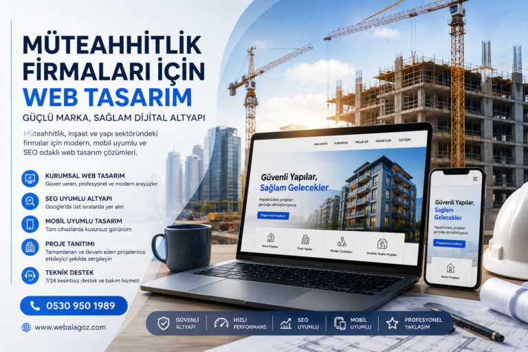 Müteahhitlik firmaları için web tasarım, SEO, proje tanıtımı ve dijital pazarlama hizmetlerini gösteren modern inşaat sektörü kurumsal görseli