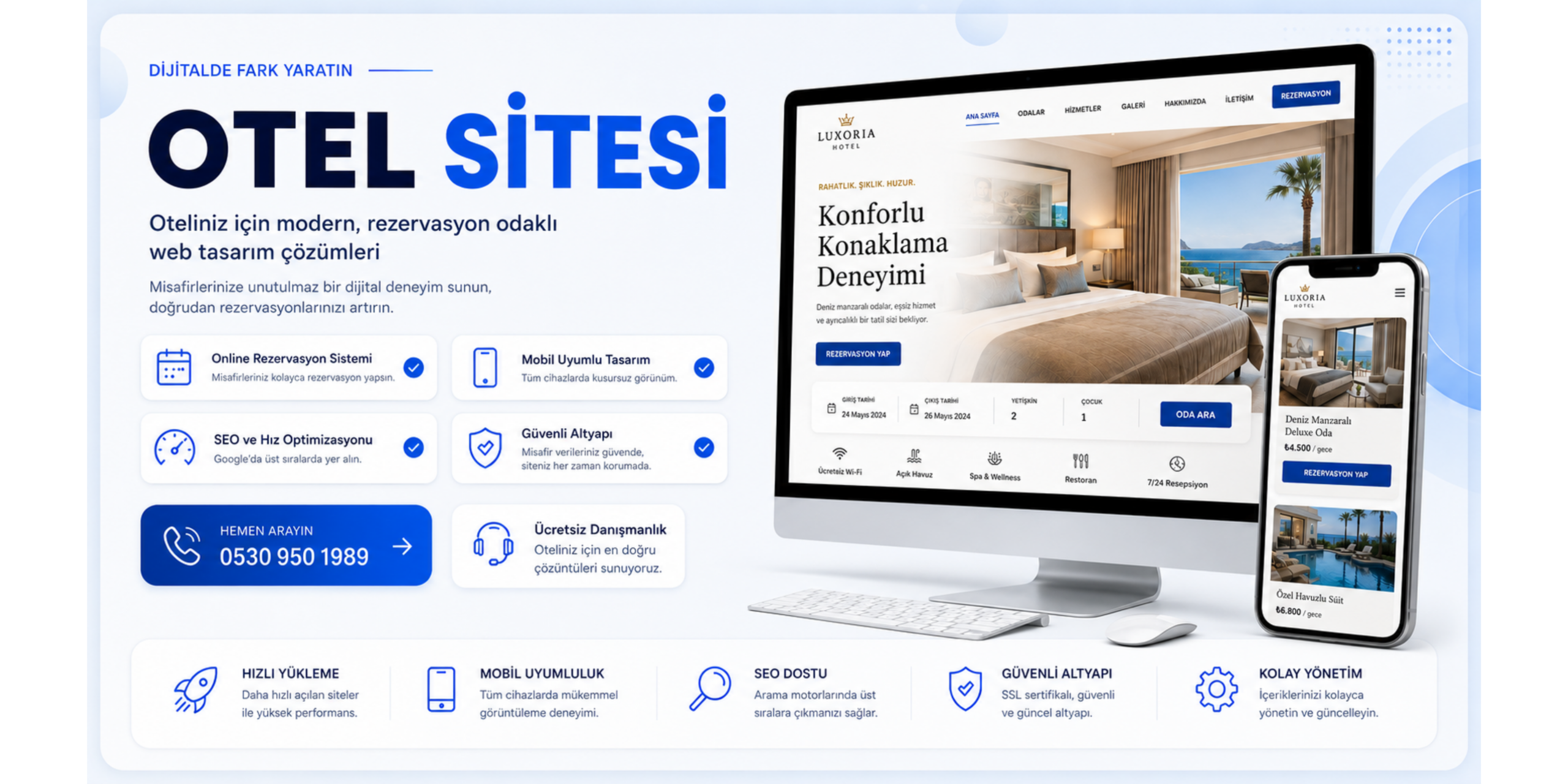 Otel sitesi web tasarım hizmeti için modern, mobil uyumlu ve rezervasyon odaklı banner görseli