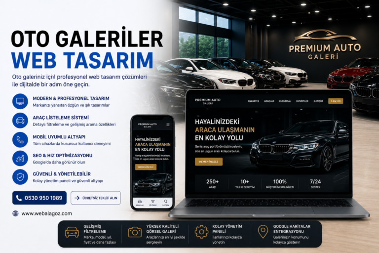 Oto galeriler için web tasarım, araç listeleme sistemi, SEO, Google Ads ve mobil uyumlu galeri web sitesi çözümlerini gösteren profesyonel tanıtım görseli