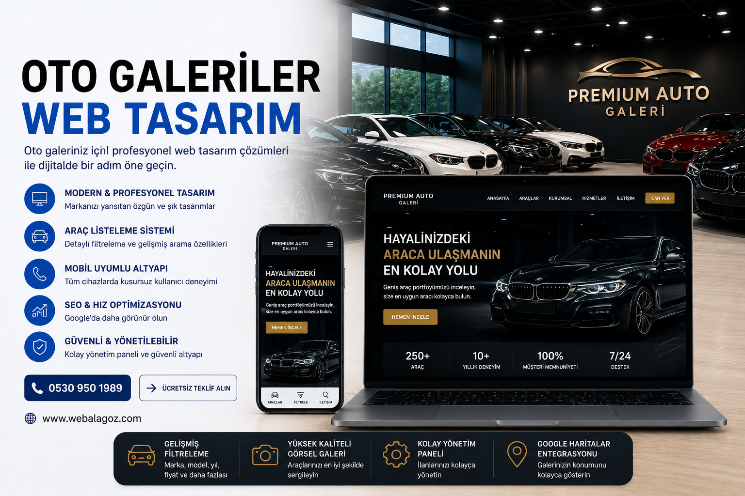 Oto galeriler için web tasarım, araç listeleme sistemi, SEO, Google Ads ve mobil uyumlu galeri web sitesi çözümlerini gösteren profesyonel tanıtım görseli