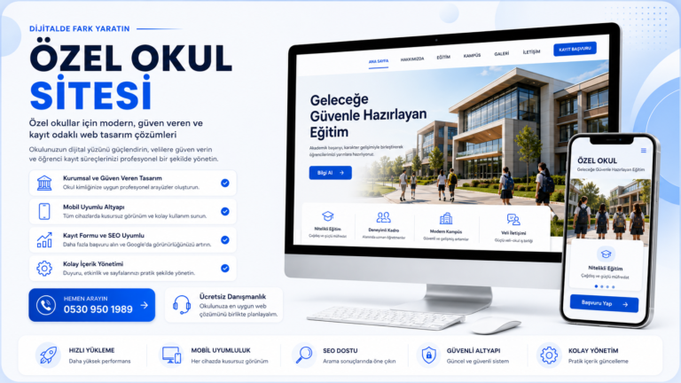Özel okul sitesi web tasarım hizmeti için modern, güven veren, mobil uyumlu ve kayıt odaklı banner görseli
