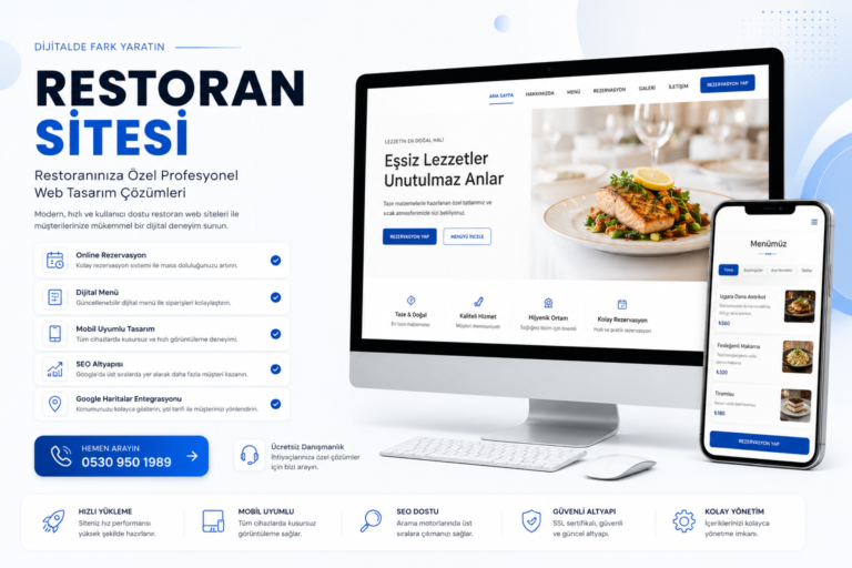 Restoran sitesi tasarımı için hazırlanmış modern, mobil uyumlu ve SEO odaklı web sitesi arayüzü. Masaüstü ve mobil cihazlarda restoran menüsü ve online rezervasyon ekranı görünümü.