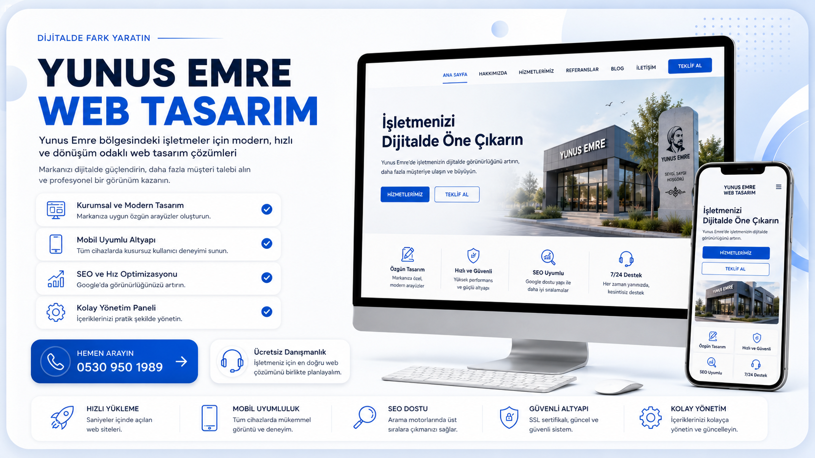 Yunus Emre web tasarım hizmeti için modern, mobil uyumlu, hızlı ve SEO odaklı banner görseli